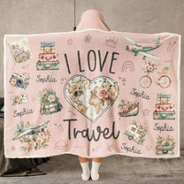 I Love Travel Vintage Floral - Personalized Wearable Blanket Hoodie