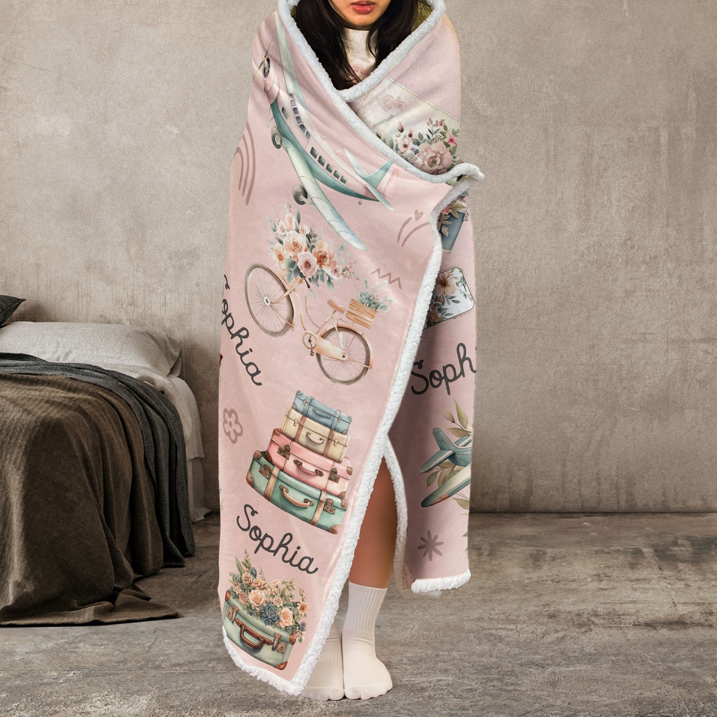 I Love Travel Vintage Floral - Personalized Wearable Blanket Hoodie