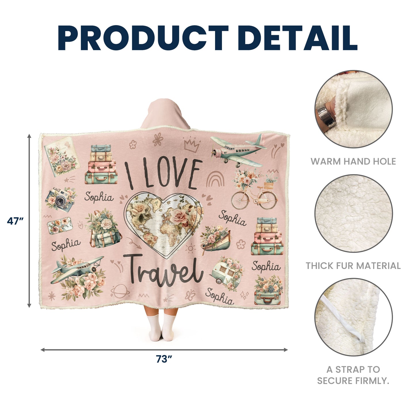 I Love Travel Vintage Floral - Personalized Wearable Blanket Hoodie