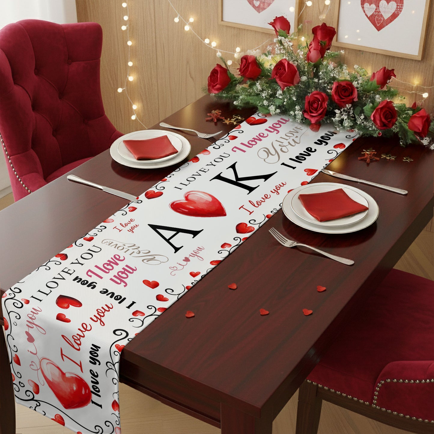 I Love You Red Hearts Gift For Couple - Personalized Table Runner