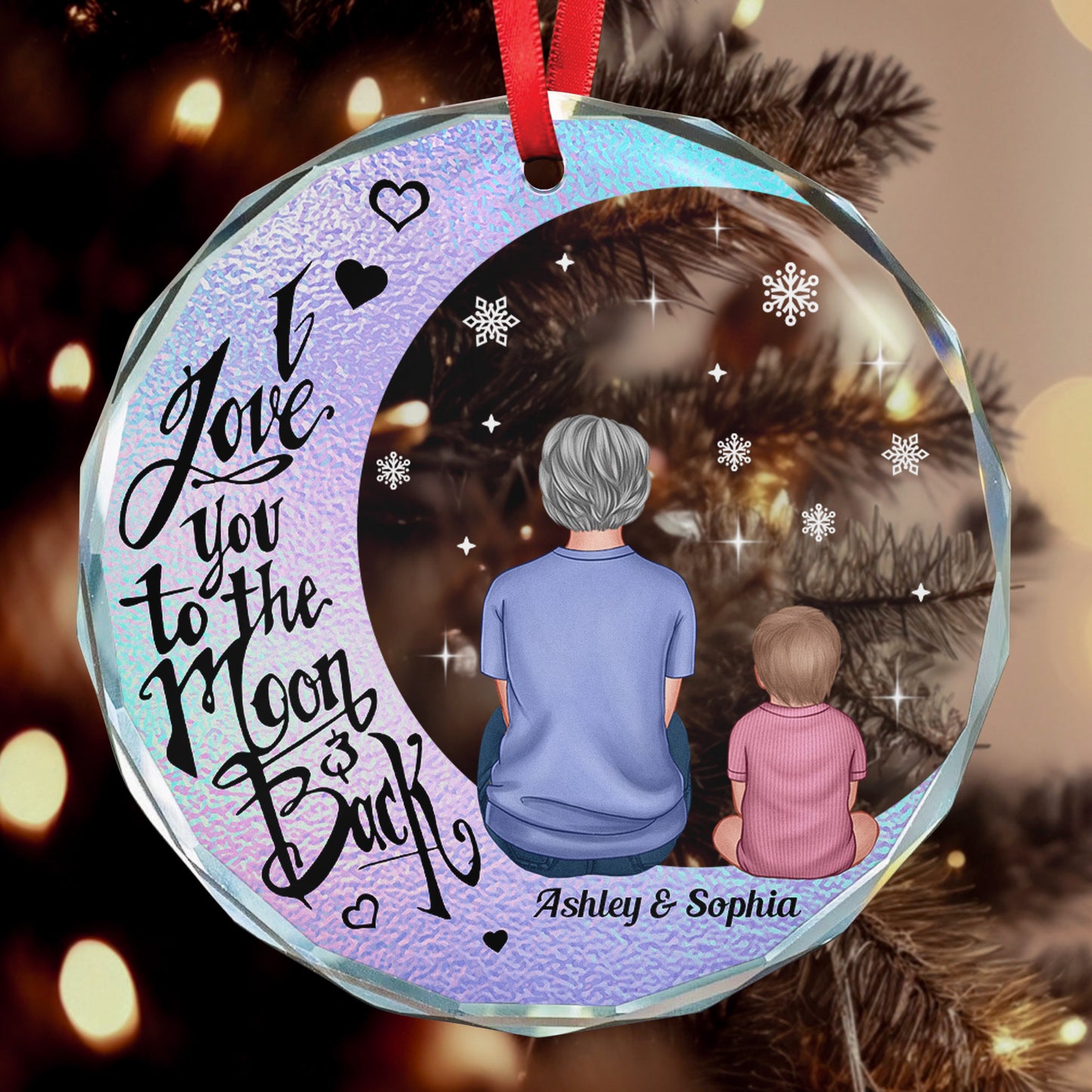 I Love You To The Moon And Back Christmas Hologram Style Ornament - Personalized  Glass Ornament