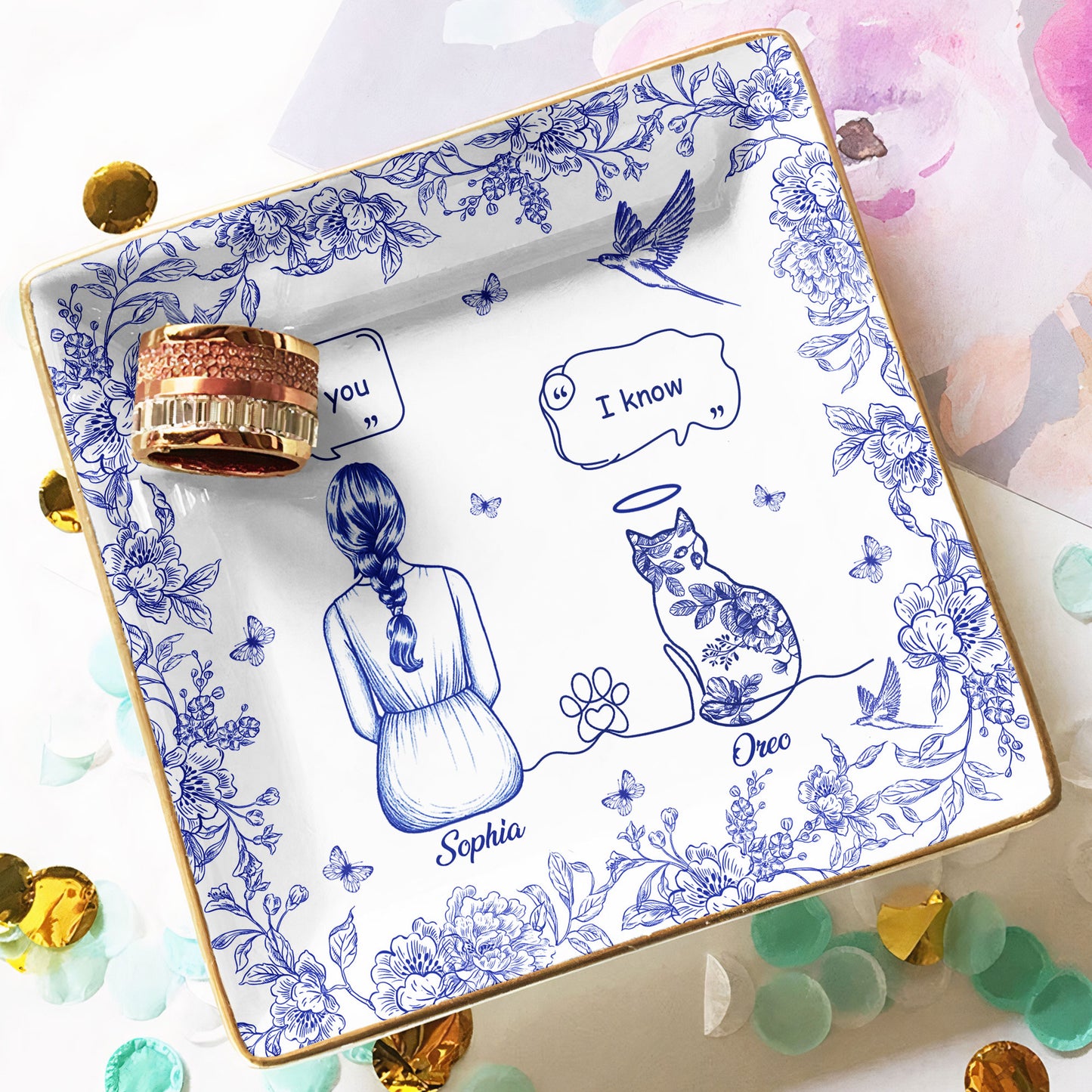 I Miss You Memorial Dog Cat Toile De Jouy - Personalized Jewelry Dish