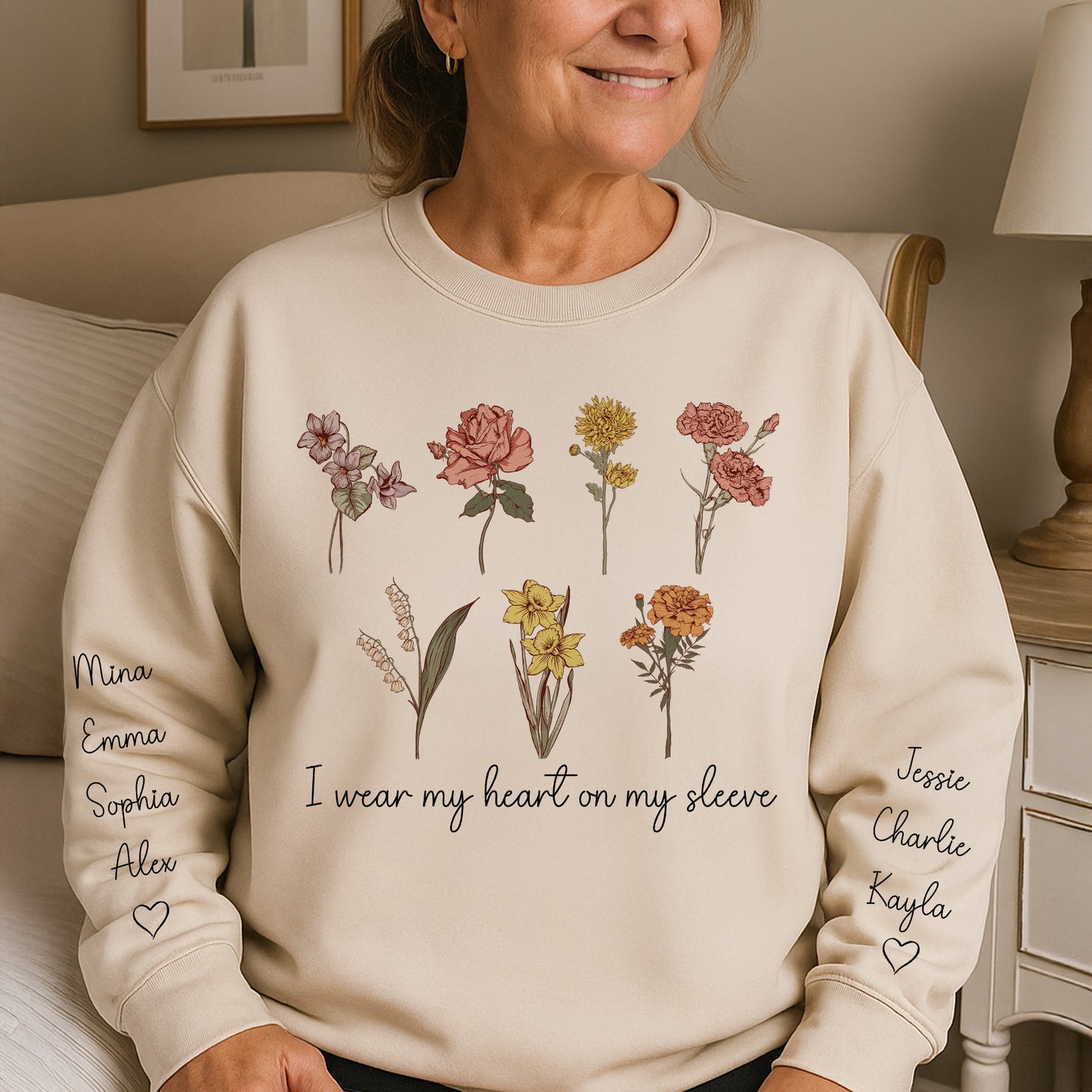 I Wear My Heart On My Sleeve Birth Month Flowers - Personalized Sweatshirt