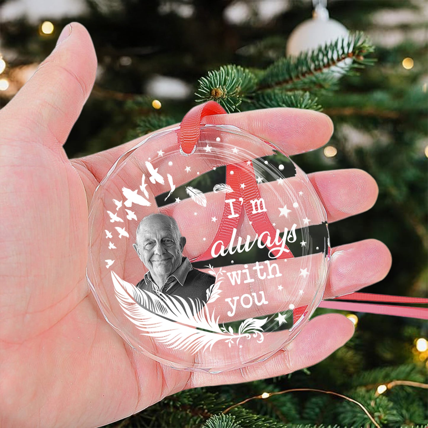 I'm Always With You- Feather Memorial - Personalized Glass Photo Ornament