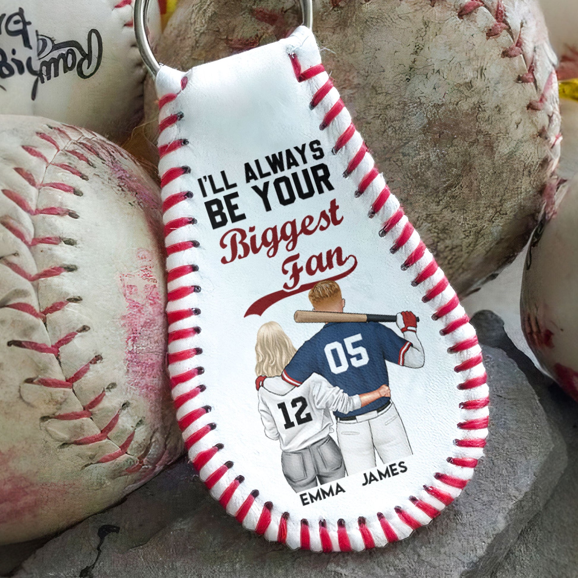 I'll Always Be Your Biggest Fan - Personalized Leather Baseball Keychain