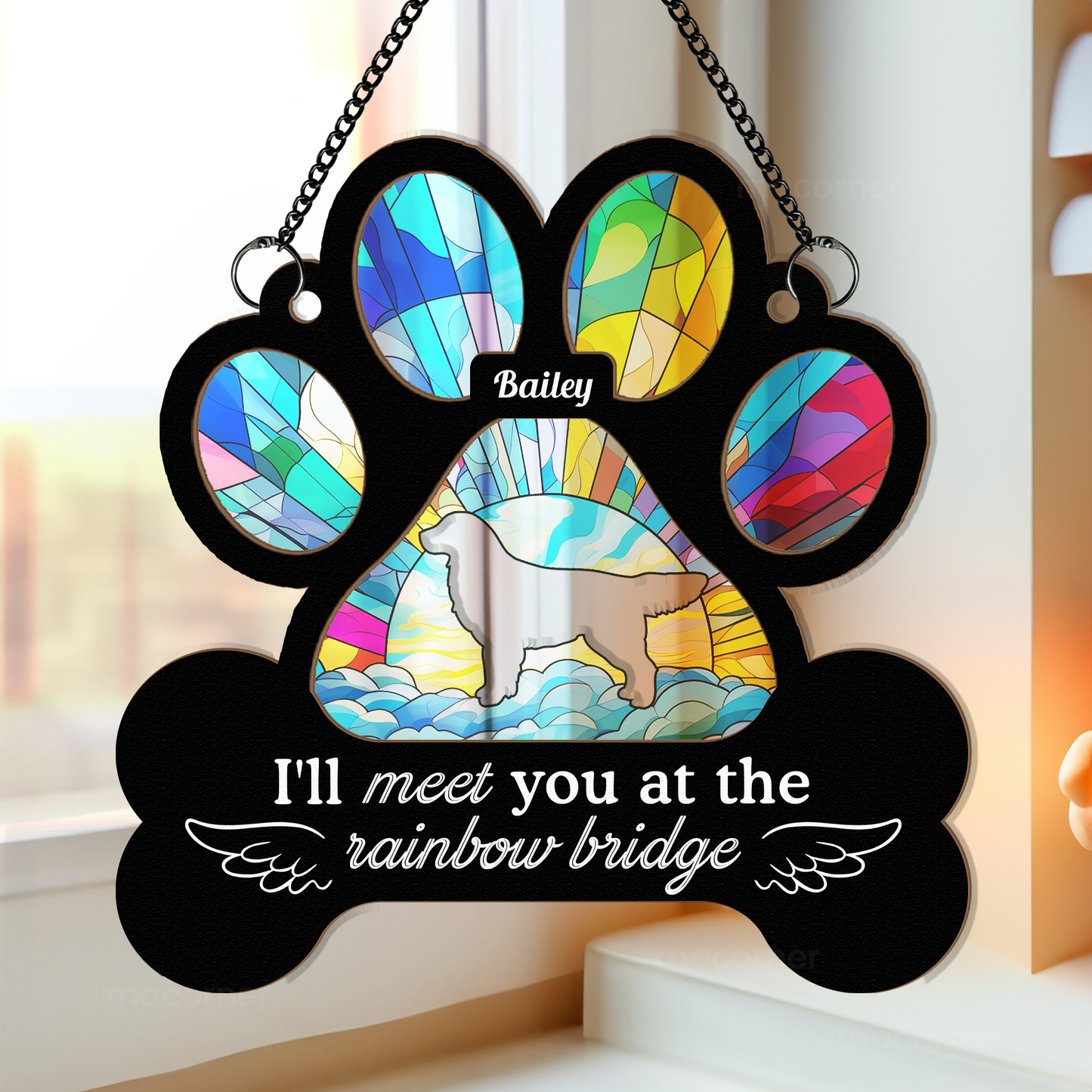 I'll Meet You At The Rainbow Bridge - Personalized Window Hanging Suncatcher Ornament - Pawprint Shape