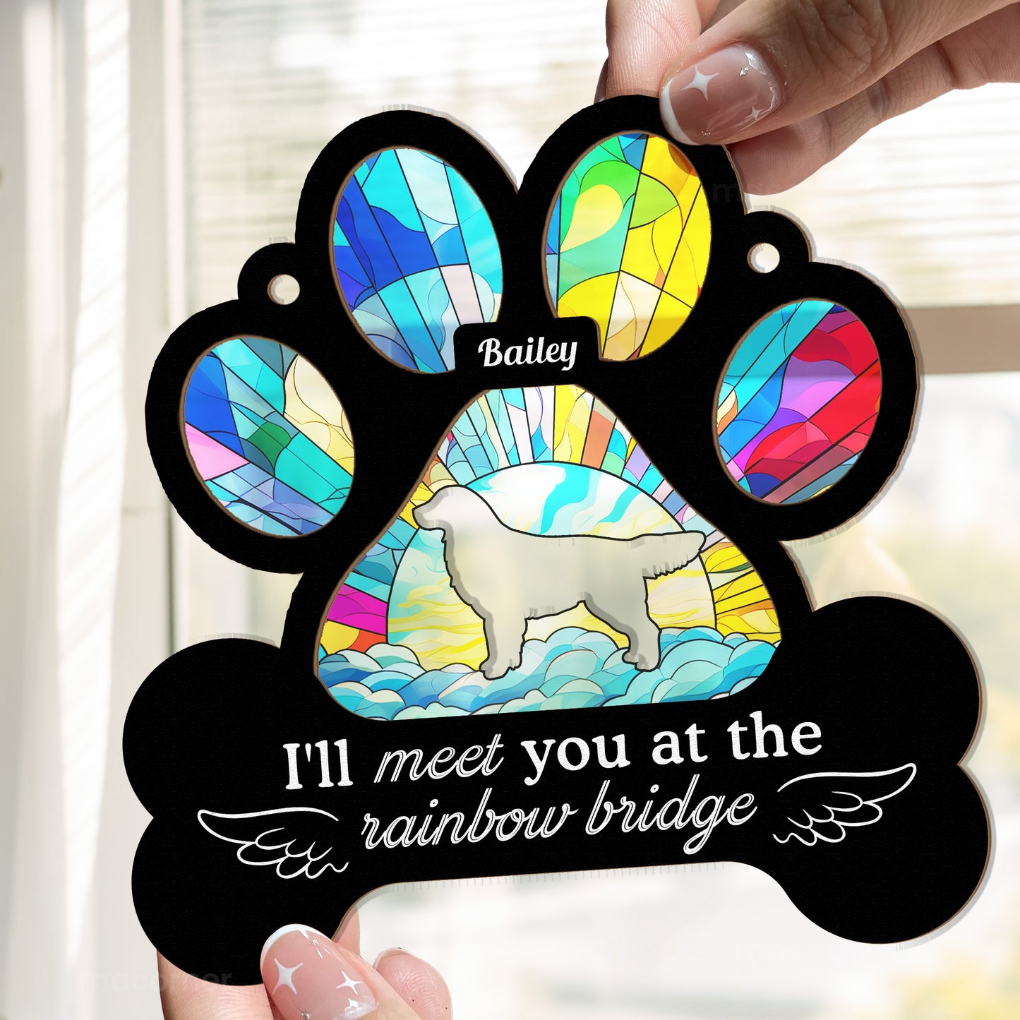 I'll Meet You At The Rainbow Bridge - Personalized Window Hanging Suncatcher Ornament - Pawprint Shape