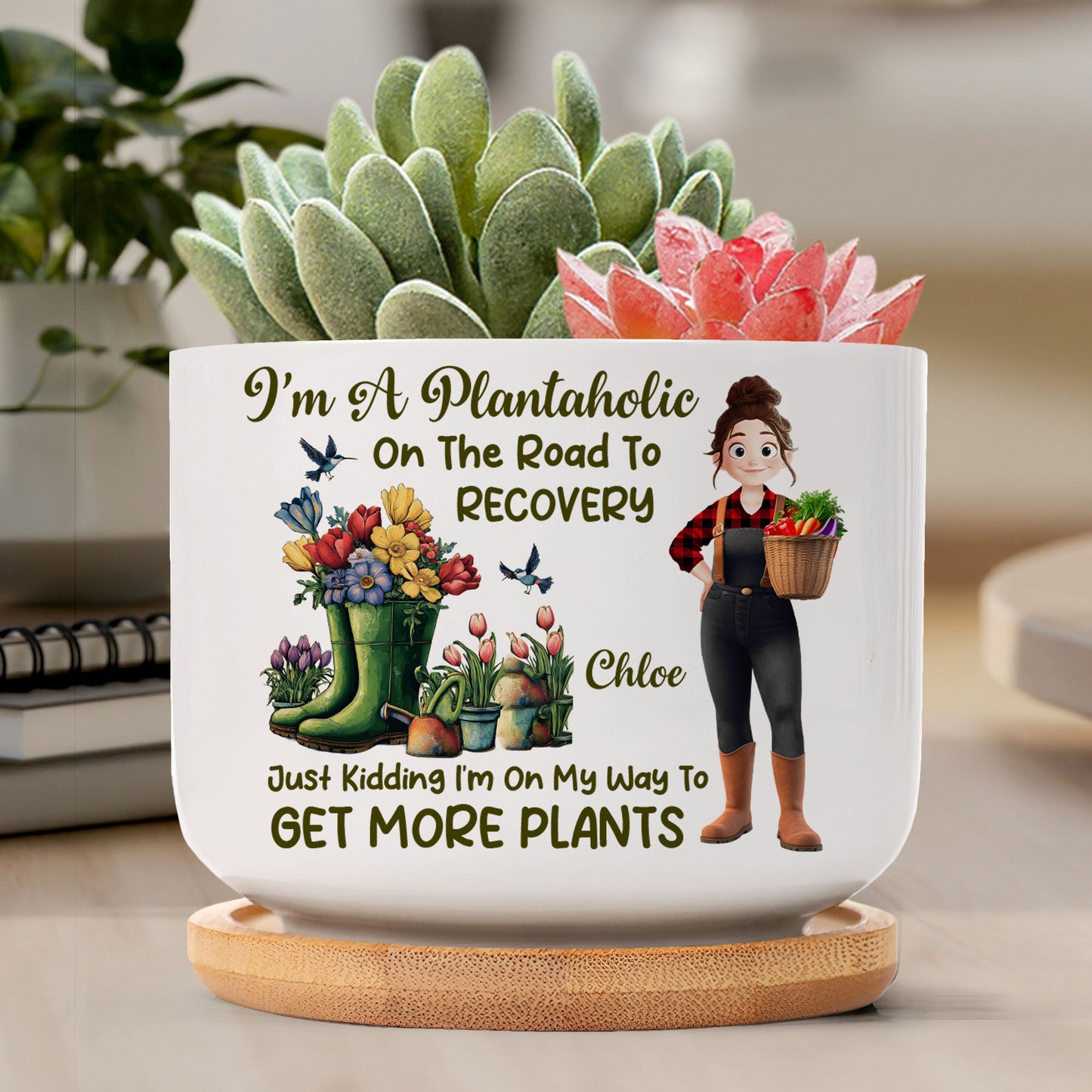 I'm A Plantaholic On The Road To Recovery Cartoon - Personalized Ceramic Plant Pot With Tray