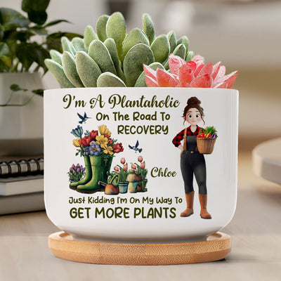 I'm A Plantaholic On The Road To Recovery Cartoon - Personalized Ceramic Plant Pot With Tray