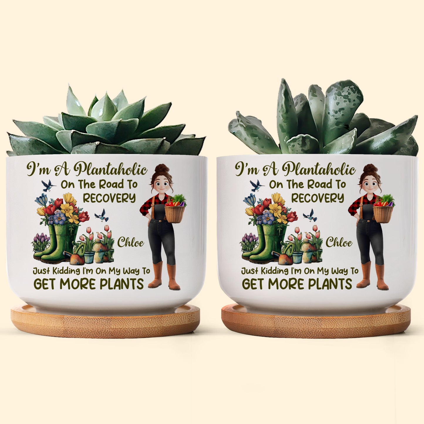I'm A Plantaholic On The Road To Recovery Cartoon - Personalized Ceramic Plant Pot With Tray