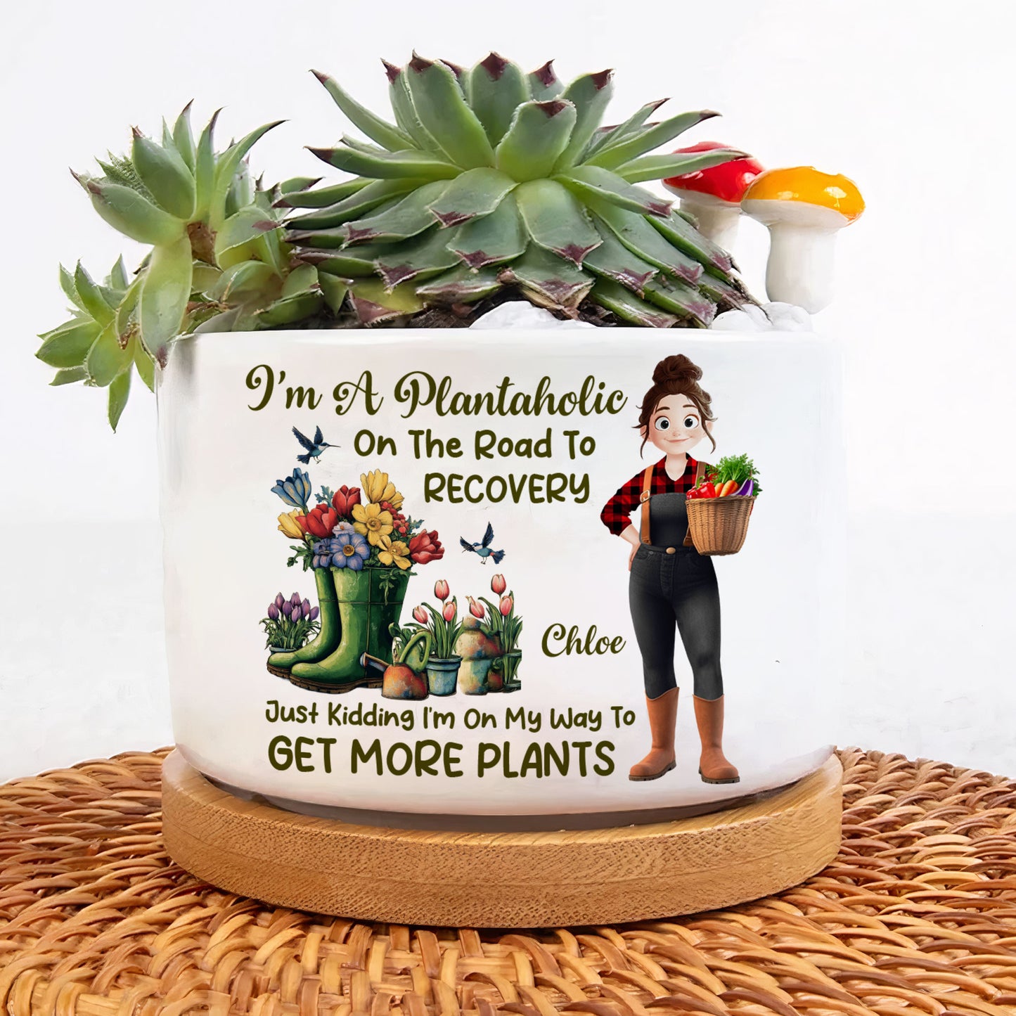 I'm A Plantaholic On The Road To Recovery Cartoon - Personalized Ceramic Plant Pot With Tray