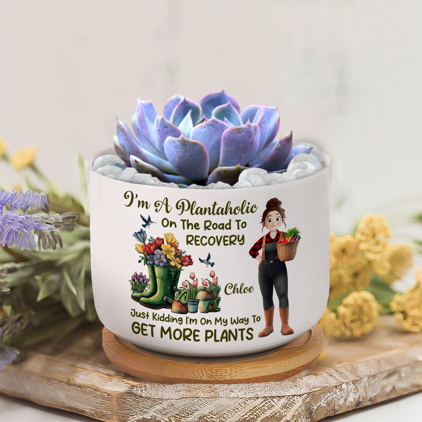 I'm A Plantaholic On The Road To Recovery Cartoon - Personalized Ceramic Plant Pot With Tray