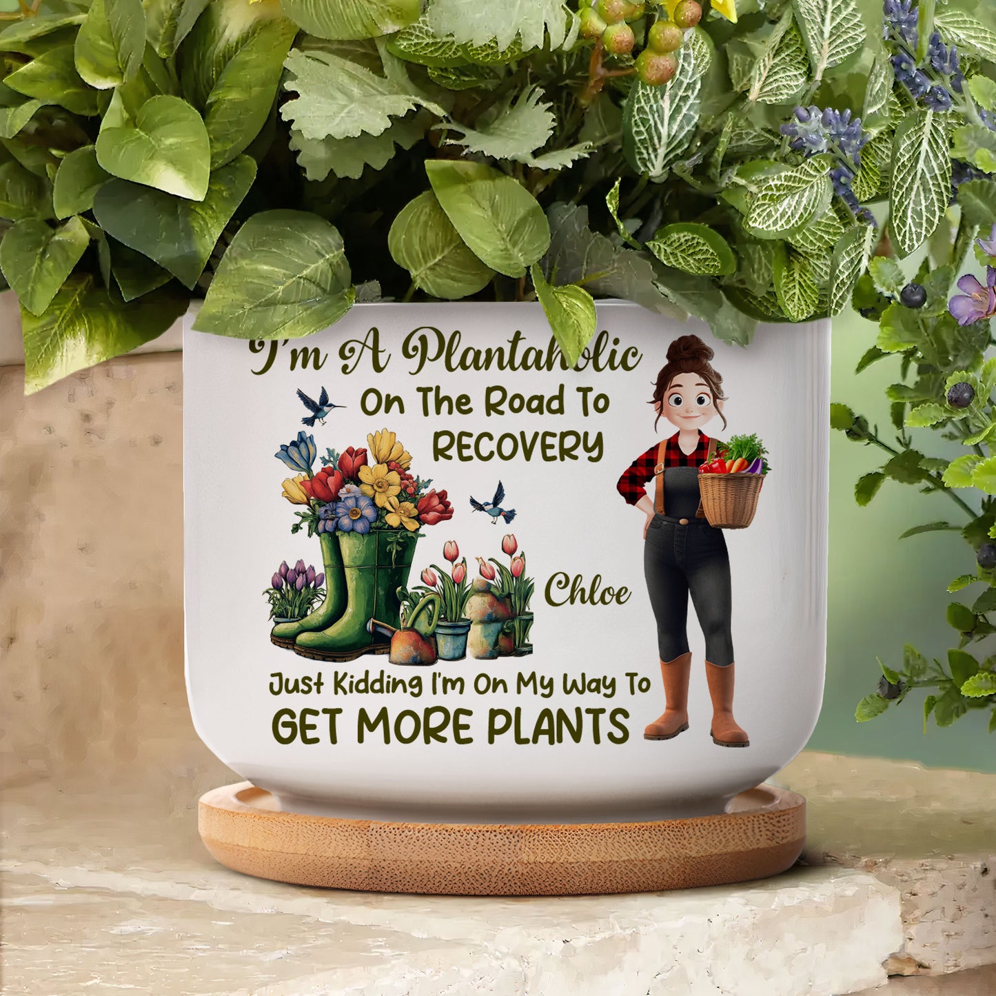 I'm A Plantaholic On The Road To Recovery Cartoon - Personalized Ceramic Plant Pot With Tray
