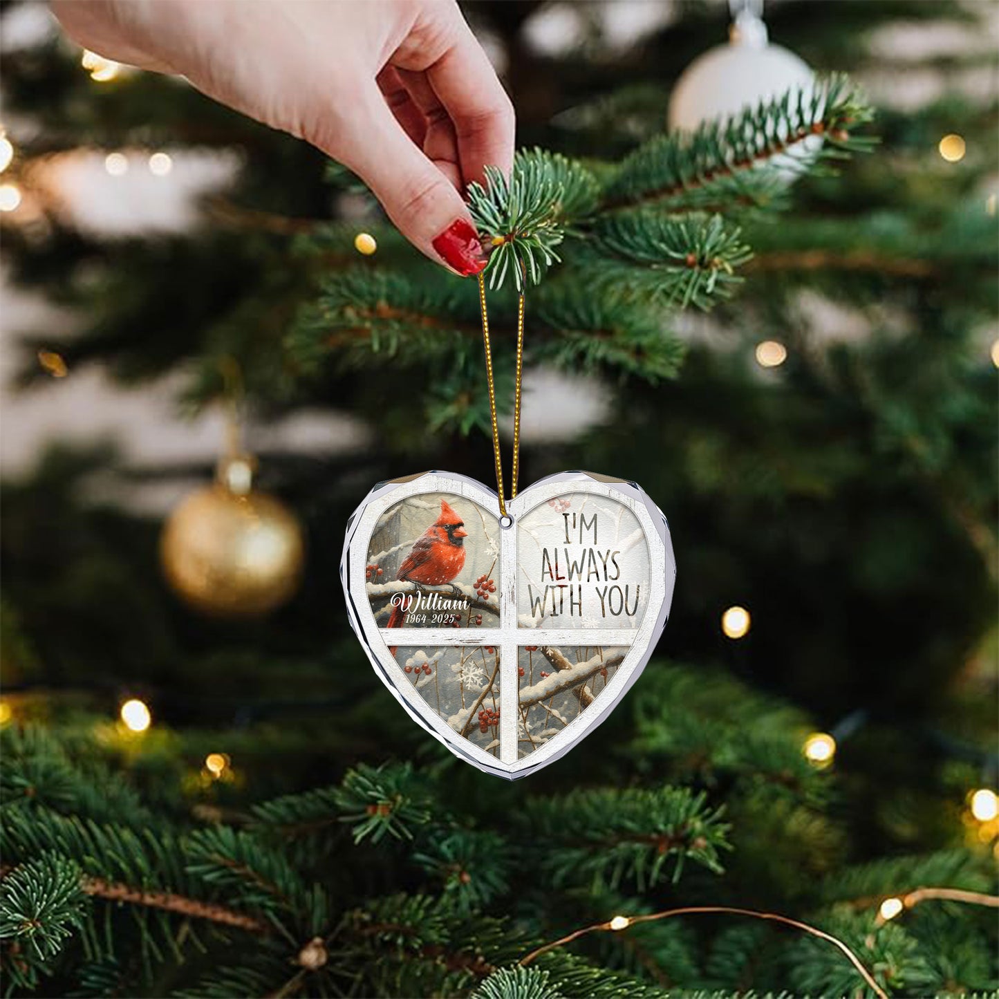 I'm Always With You Red Cardinal - Personalized Heart Glass Ornament