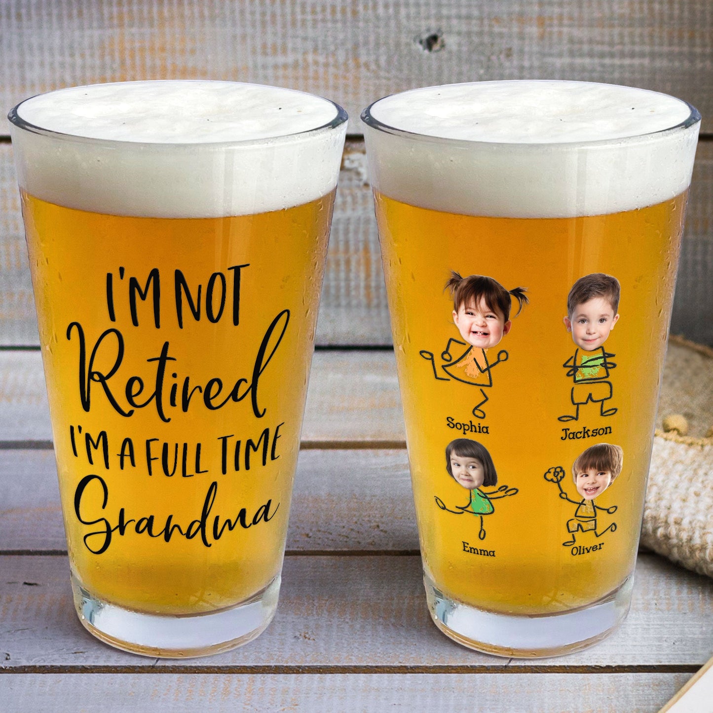 I'm Not Retired I'm A Full-Time Grandpa/Grandma - Personalized Photo Beer Glass