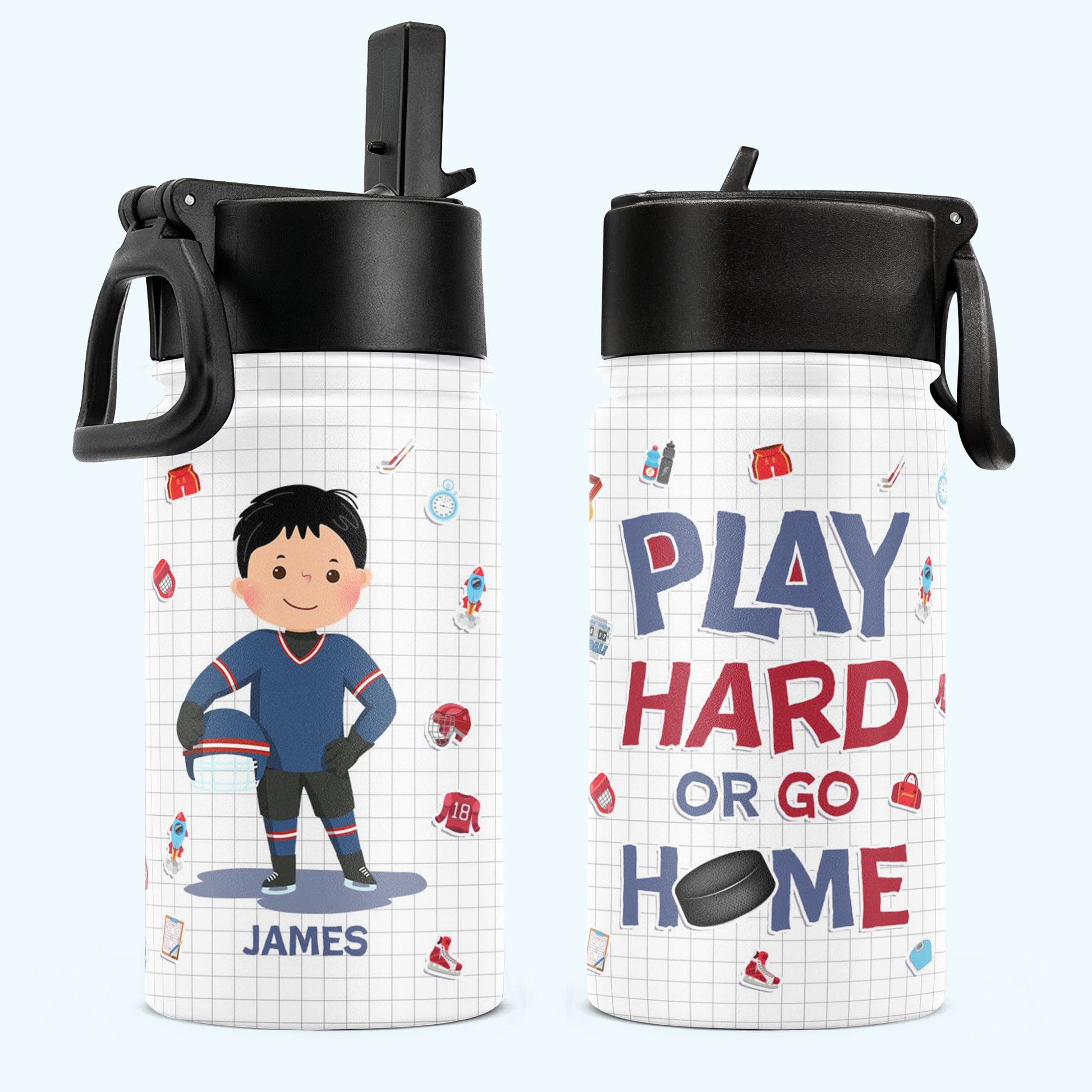 Ice Hockey Play Hard Or Go Home - Personalized Kids Water Bottle With Straw Lid