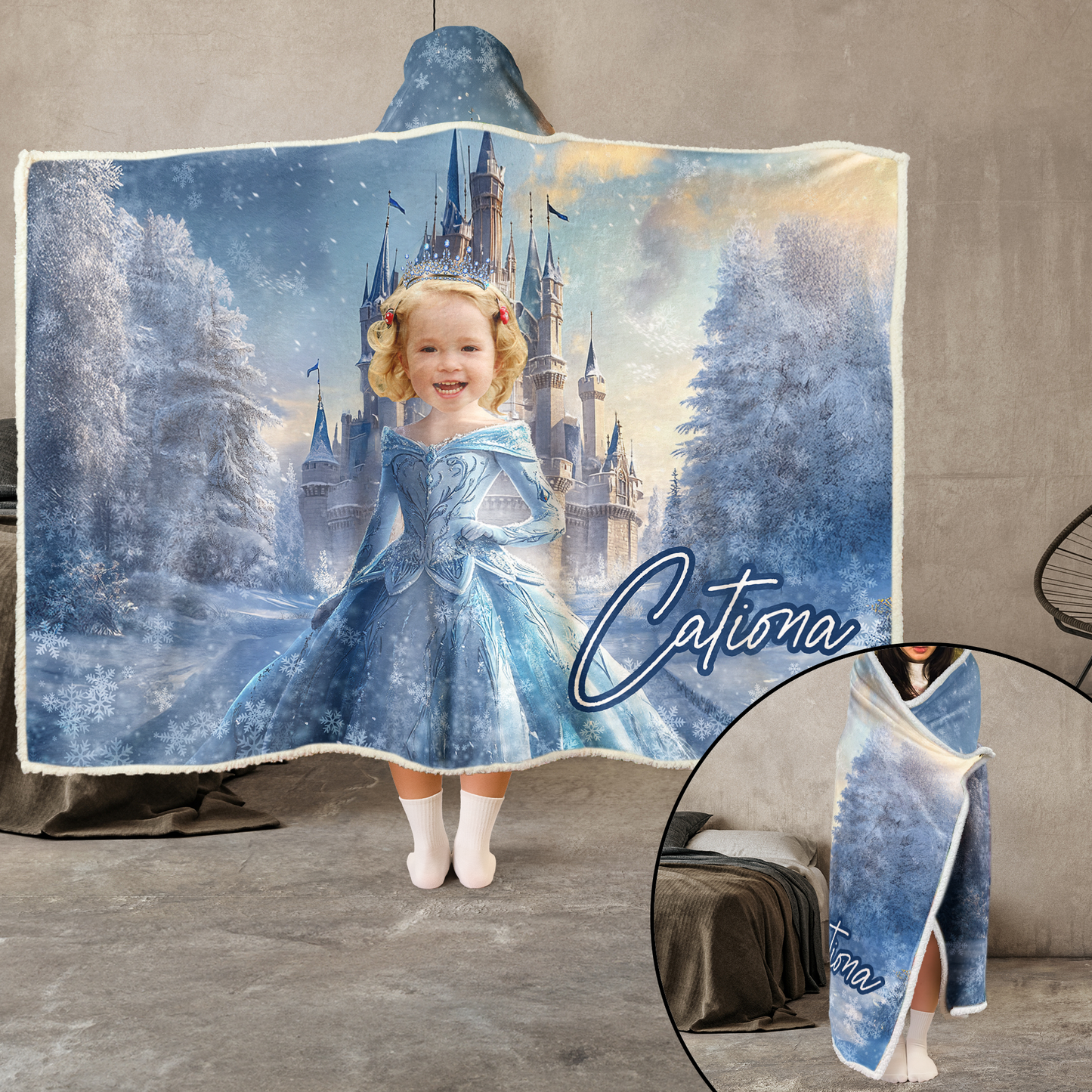 Ice Princess - Gifts For Little Girls, Daughter - Custom Face & Name - Personalized Photo Wearable Blanket Hoodie