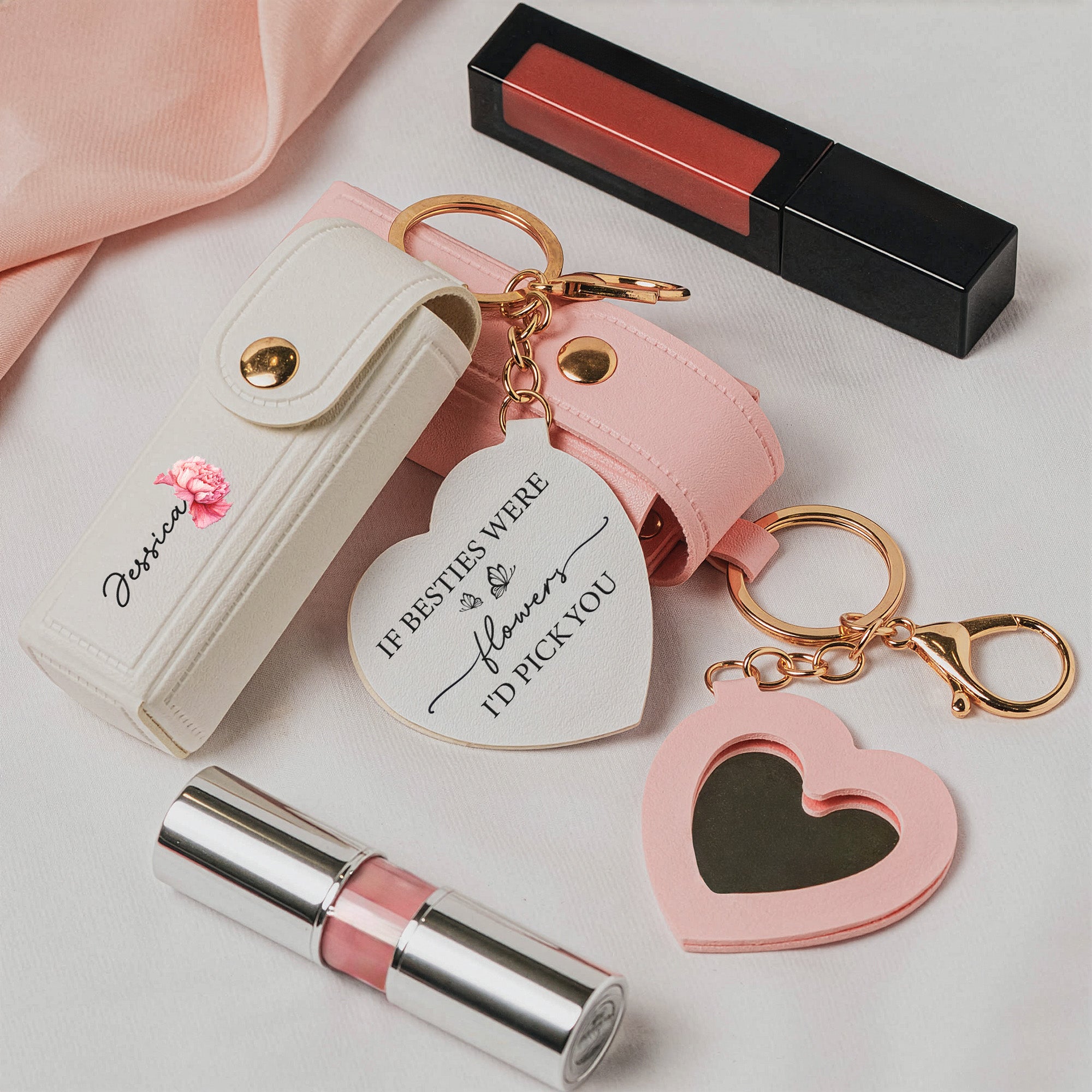 If Besties Were Flowers I'd Pick You Light Ver - Personalized Leather Lipstick Case With Mirror Keychain