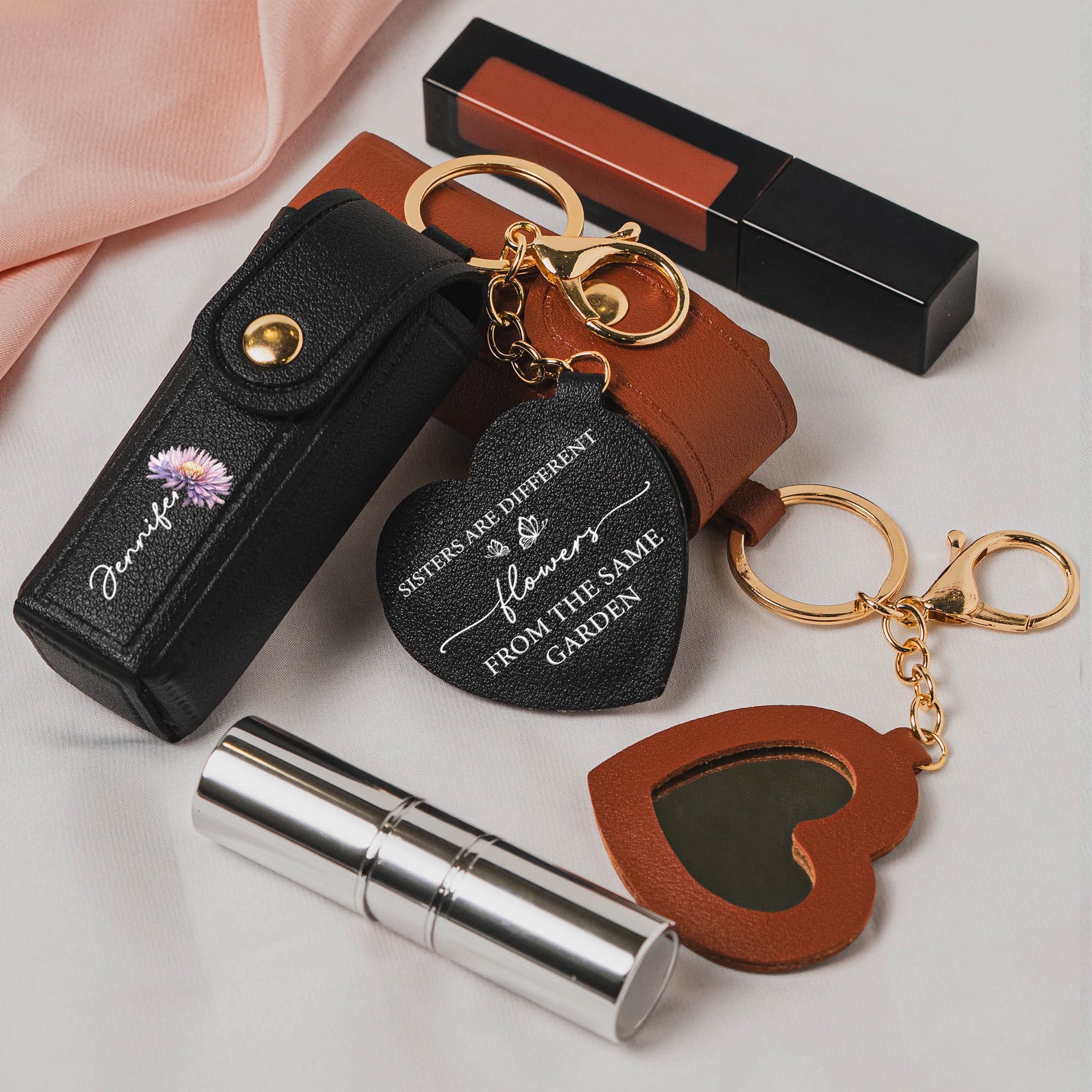 If Besties Were Flowers I'd Pick You Dark Ver - Personalized Leather Lipstick Case With Mirror Keychain