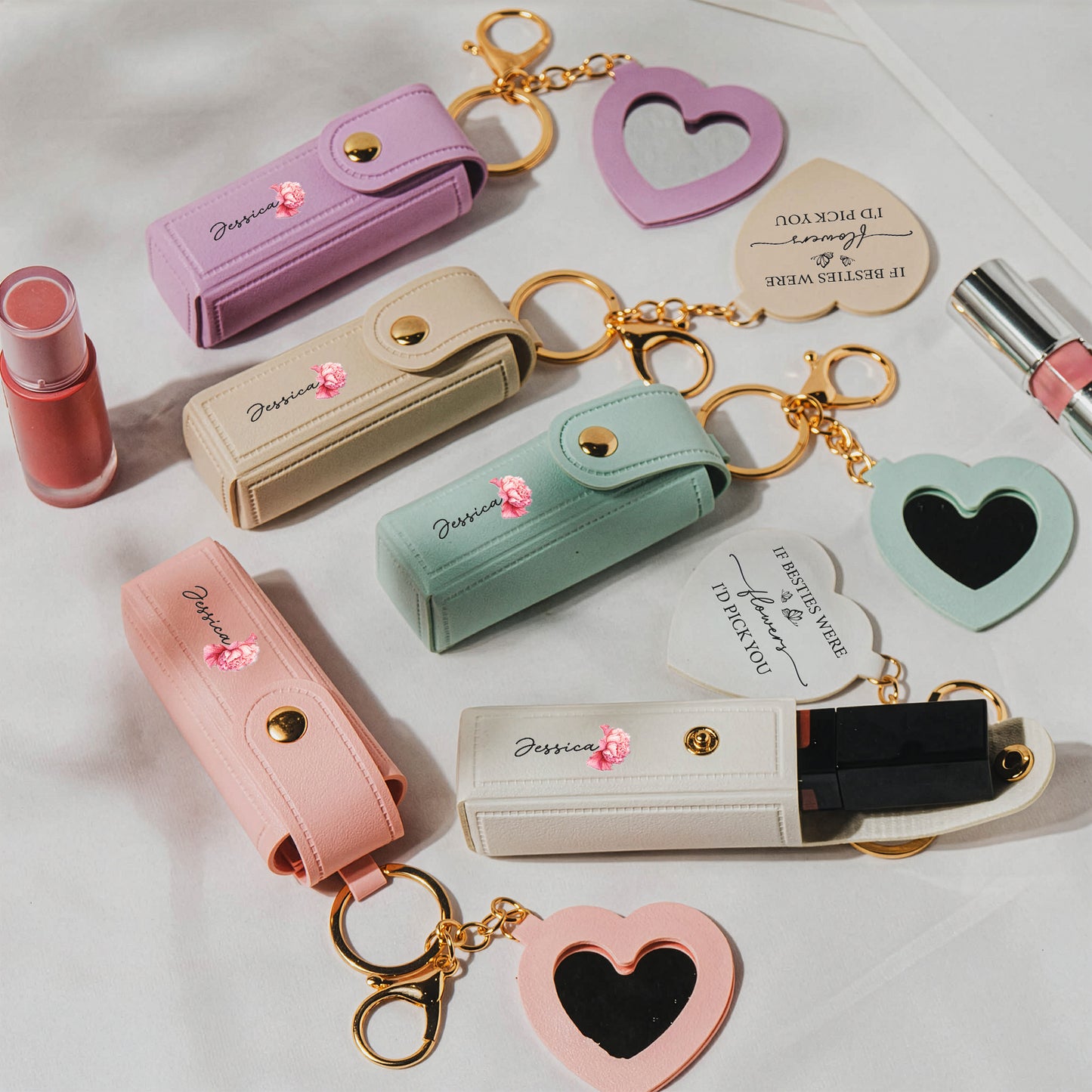 If Besties Were Flowers I'd Pick You Light Ver - Personalized Leather Lipstick Case With Mirror Keychain