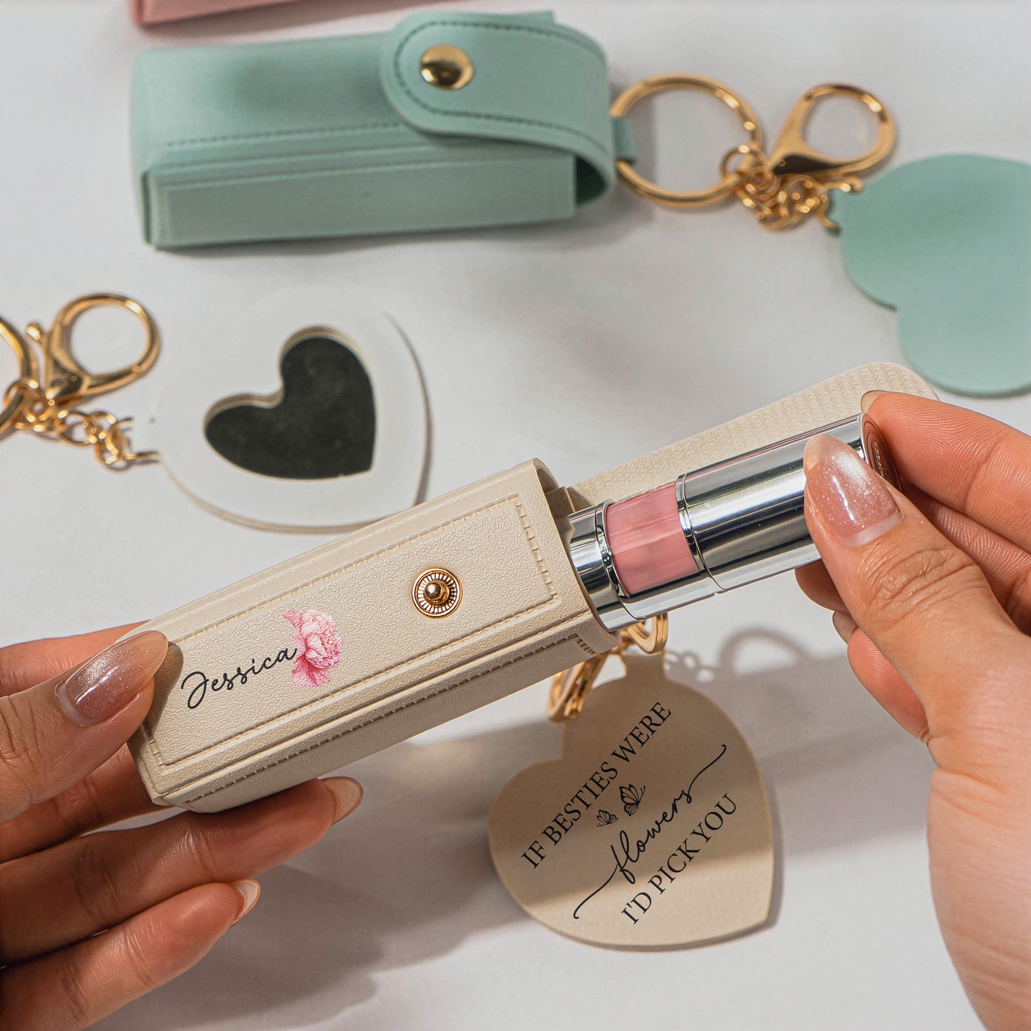 If Besties Were Flowers I'd Pick You Light Ver - Personalized Leather Lipstick Case With Mirror Keychain