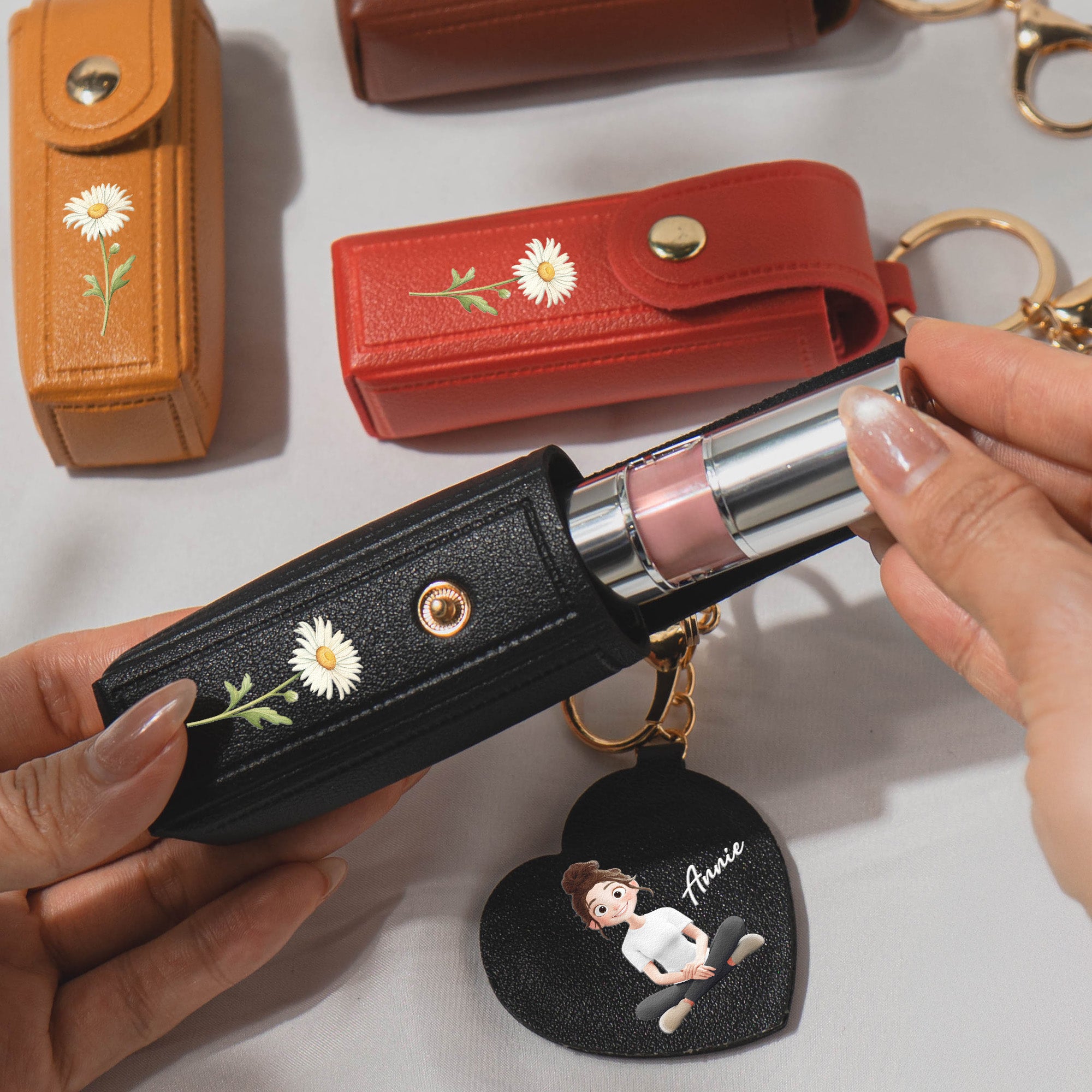 If Besties Were Flowers I'd Pick You Dark Ver - Personalized Leather Lipstick Case With Mirror Keychain