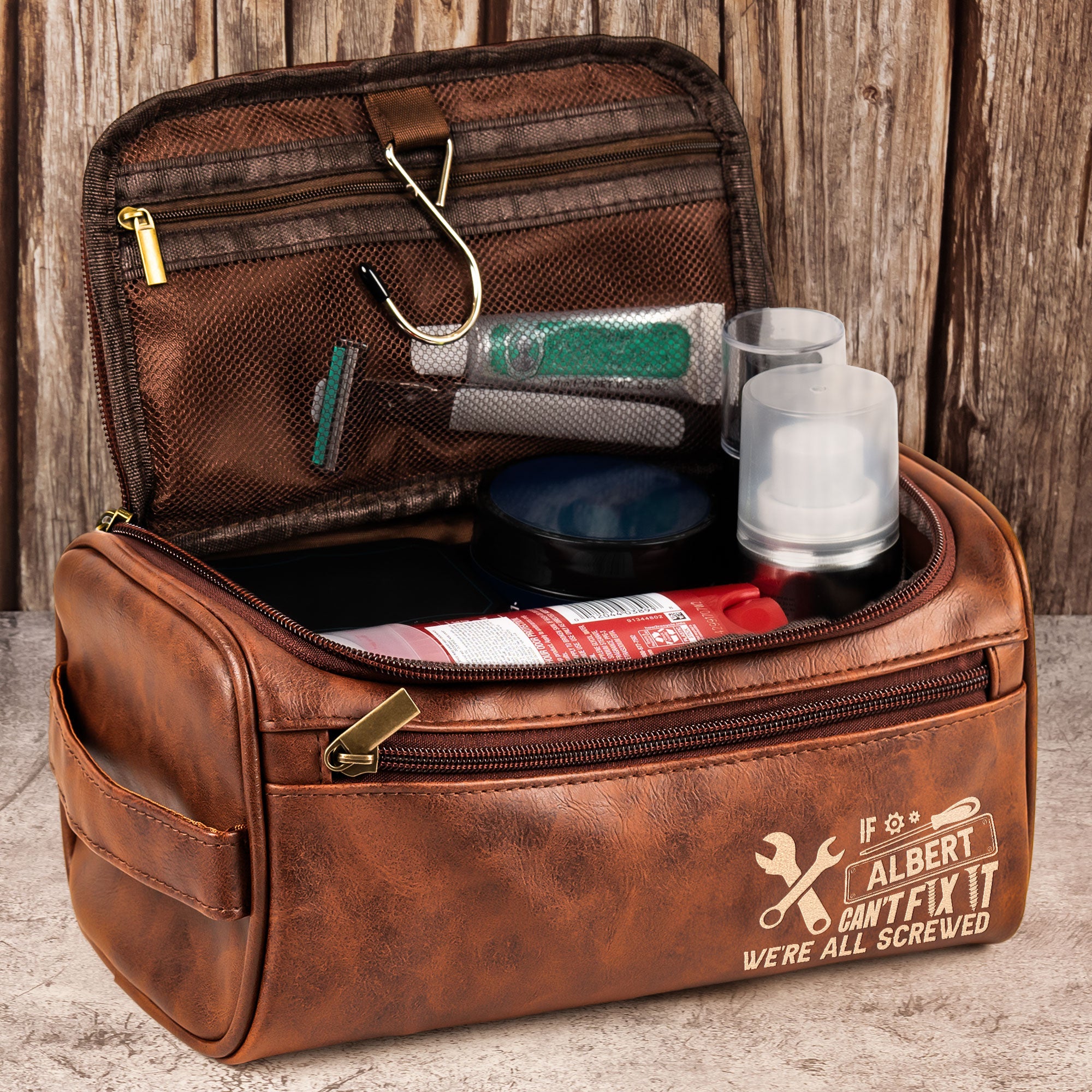 If He Can't Fix It, We'Re All Screwed - For Dad, Husband, Papa - Personalized Leather Toiletry Bag