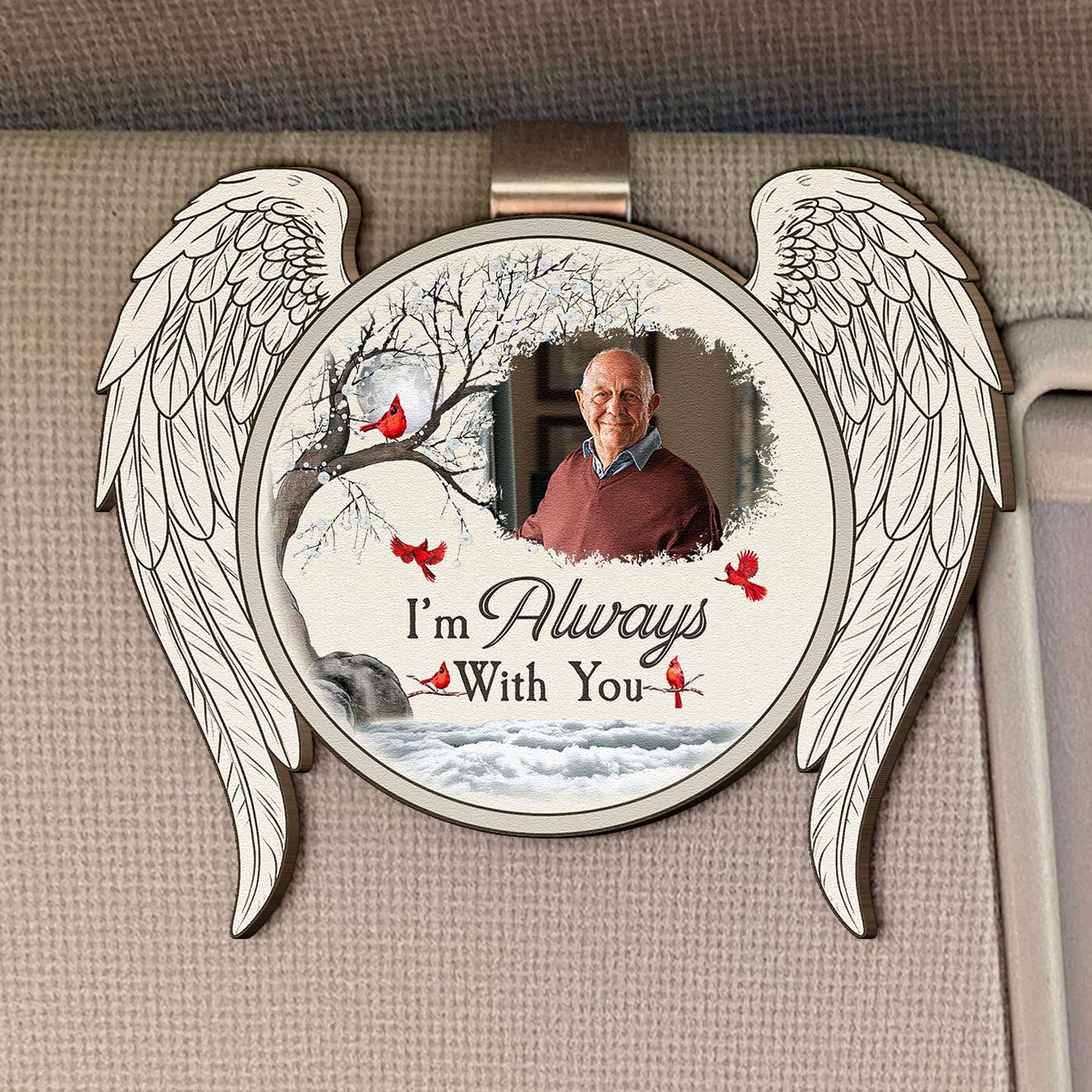 I'm Always With You New Version Memorial Sympathy Gift - Personalized Wooden Photo Car Visor Clip