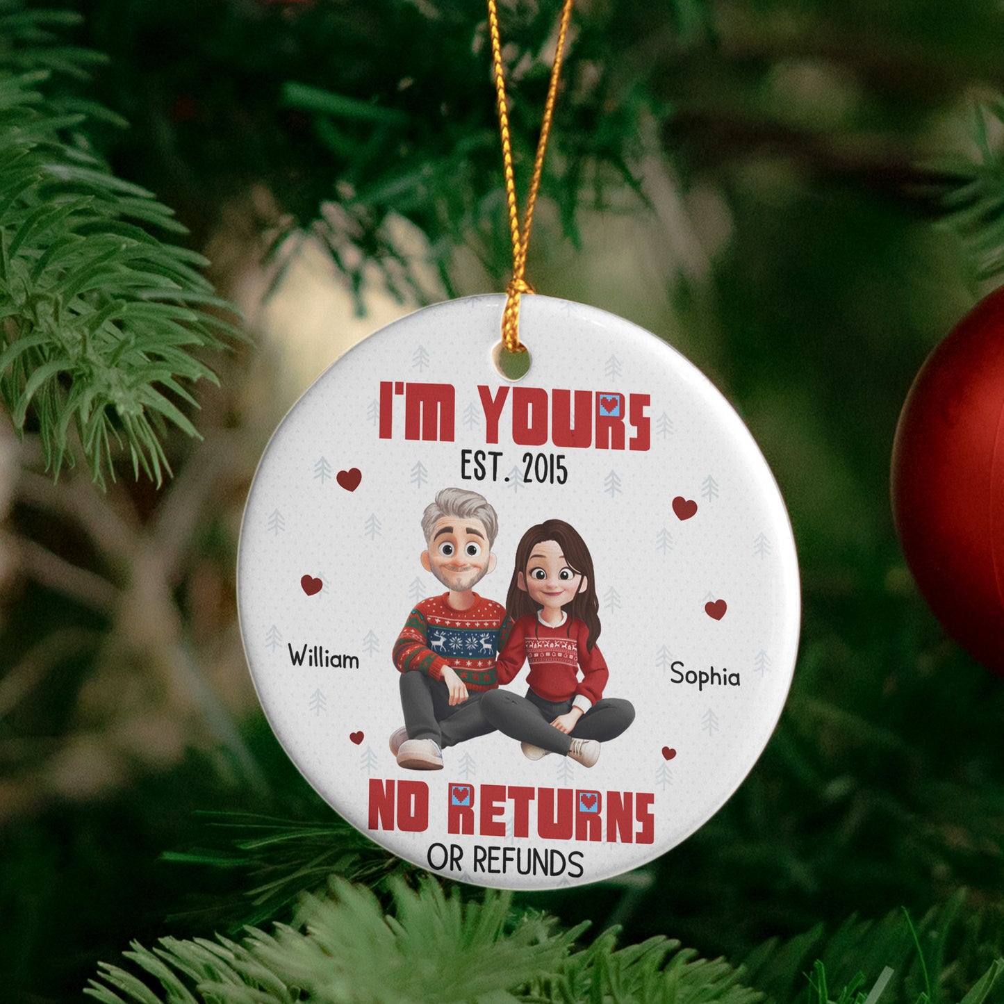 I'm Yours Est No Returns Or Refunds Cartoon Couple - Personalized Ceramic Ornament
