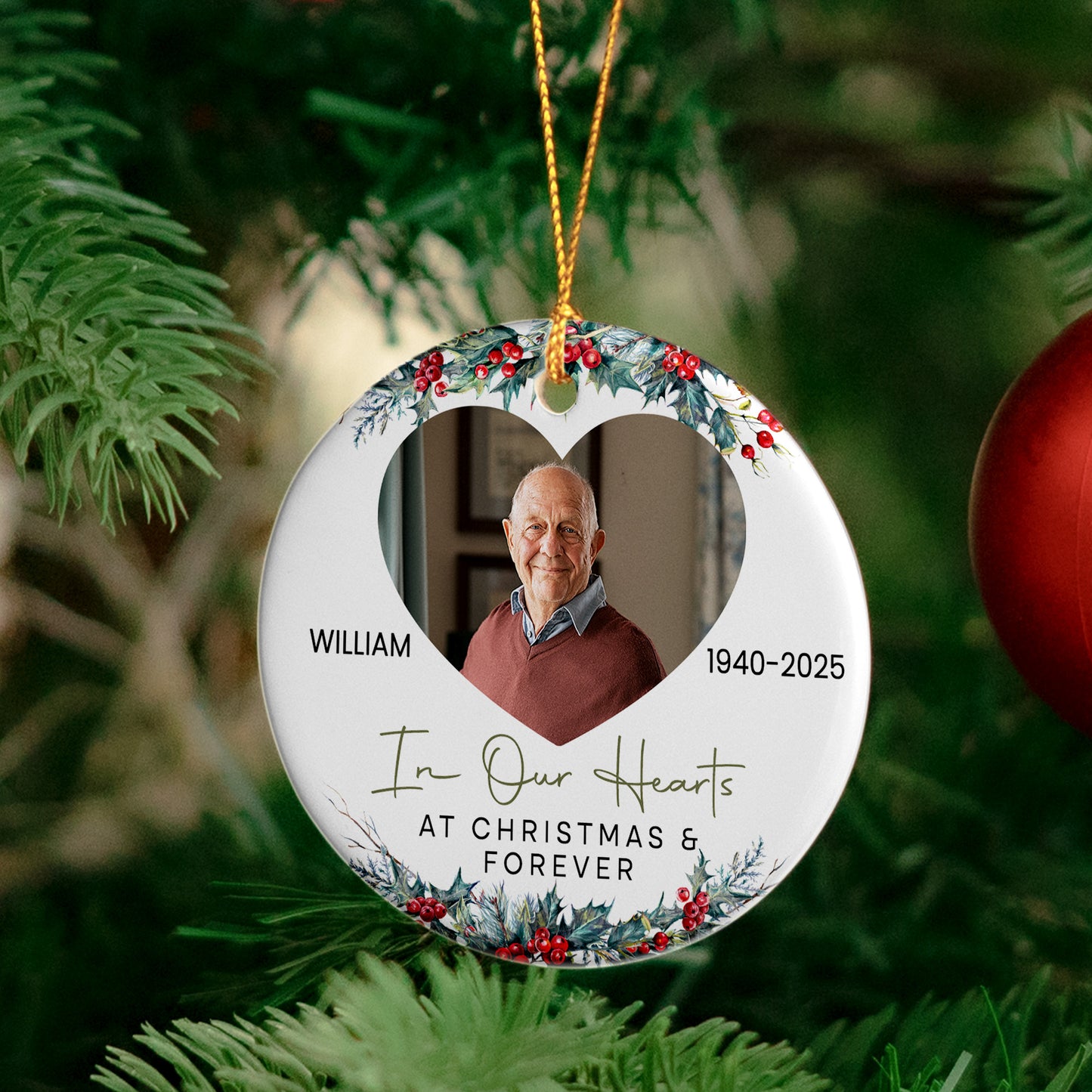 In Our Hearts At Christmas And Forever - Personalized Ceramic Photo Ornament