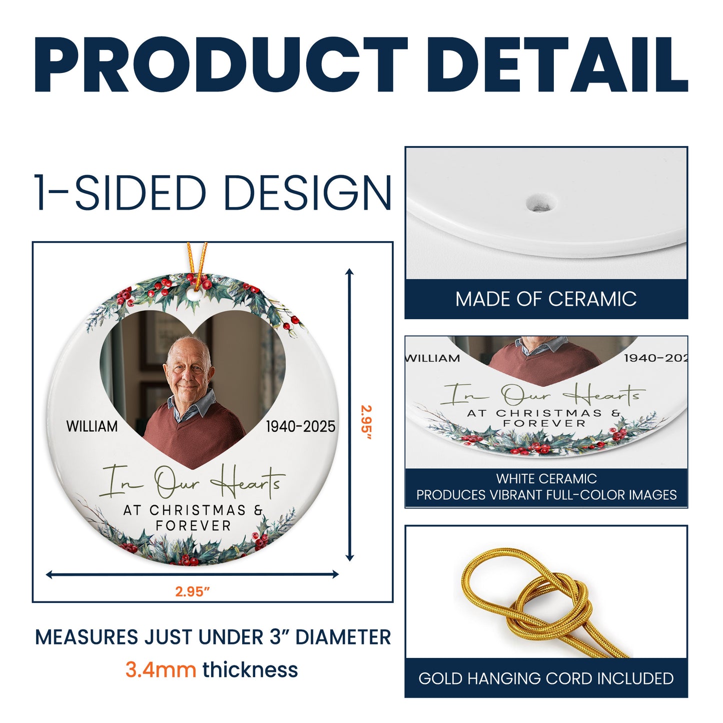 In Our Hearts At Christmas And Forever - Personalized Ceramic Photo Ornament