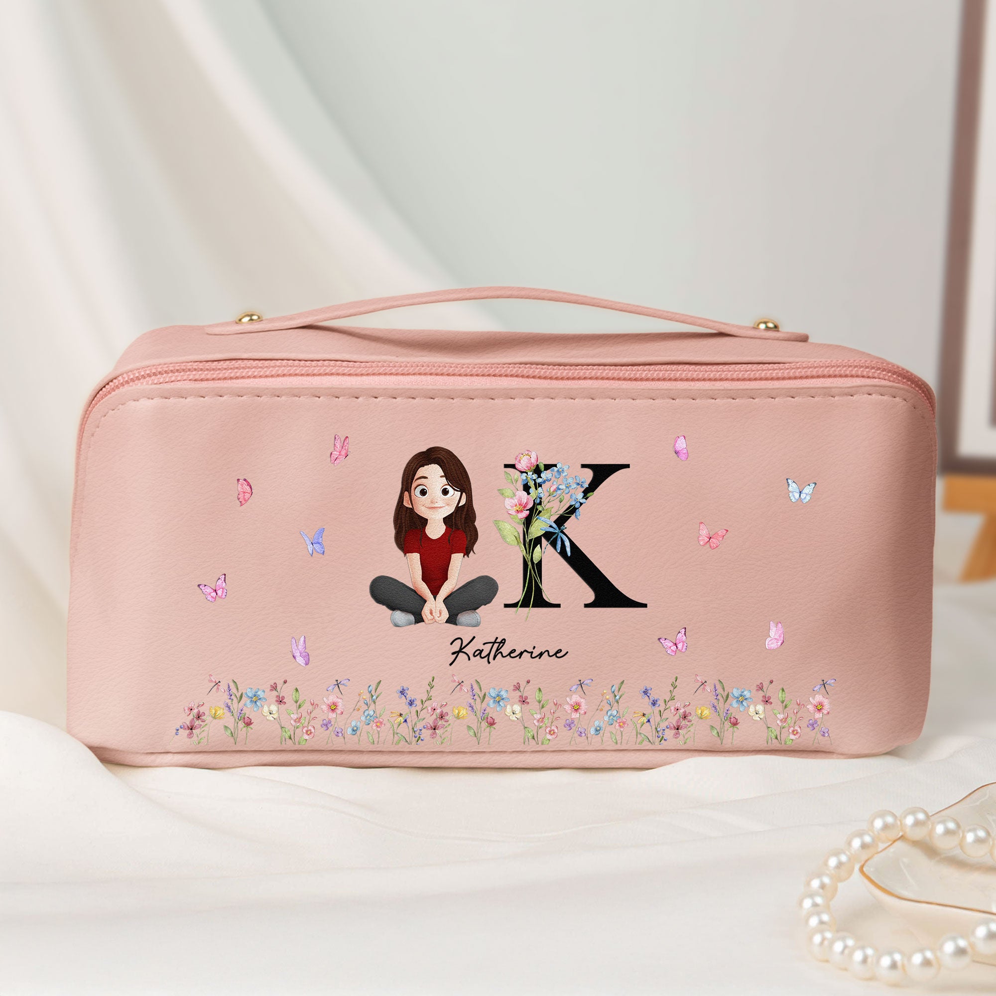 Initial Name Floral - Personalized Leather Makeup Bag