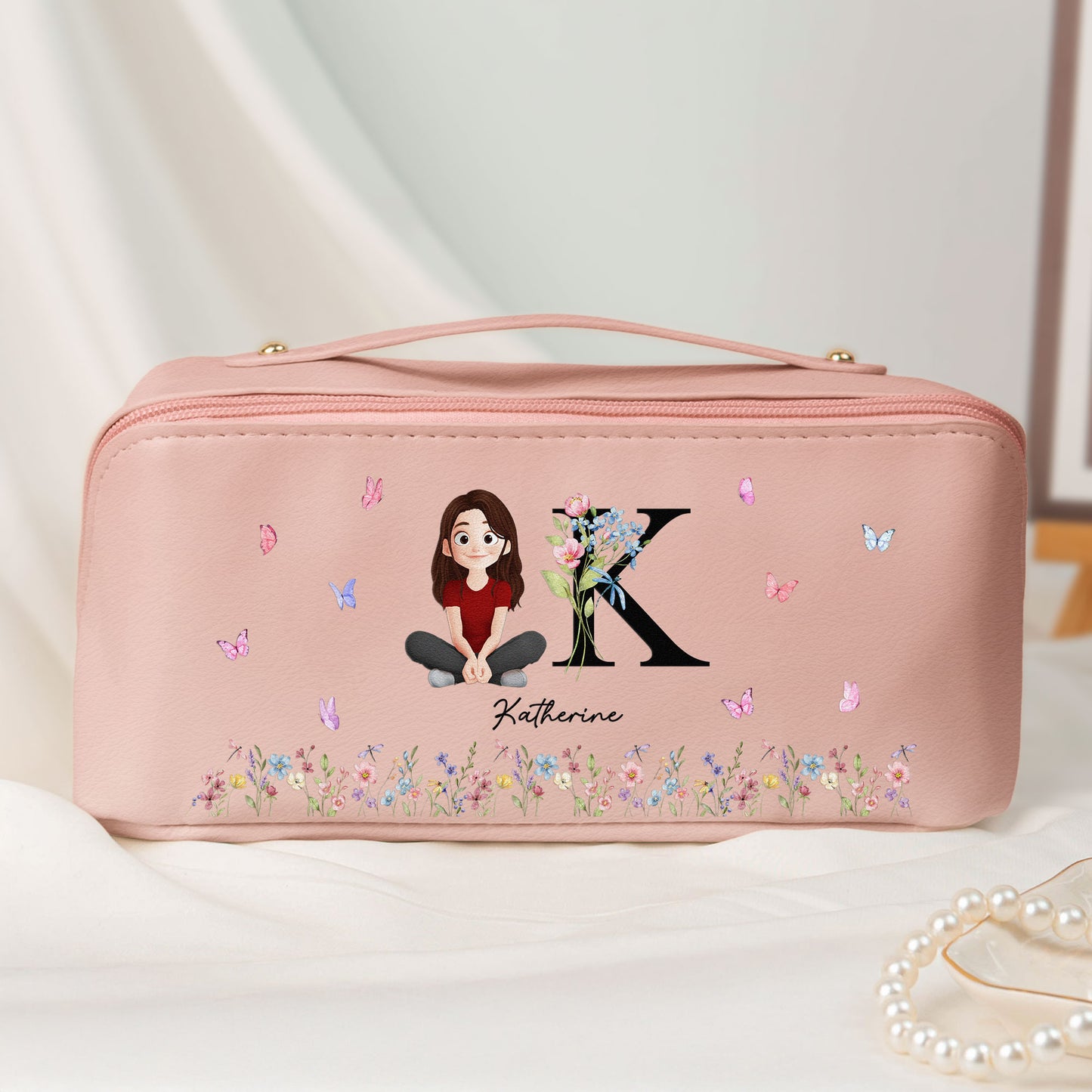 Initial Name Floral - Personalized Leather Makeup Bag