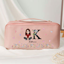 Initial Name Floral - Personalized Leather Makeup Bag