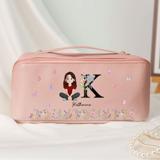 Initial Name Floral - Personalized Leather Makeup Bag