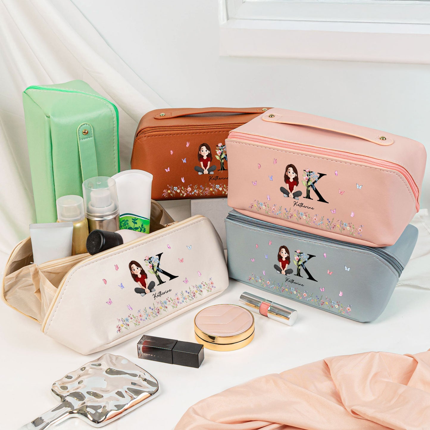 Initial Name Floral - Personalized Leather Makeup Bag