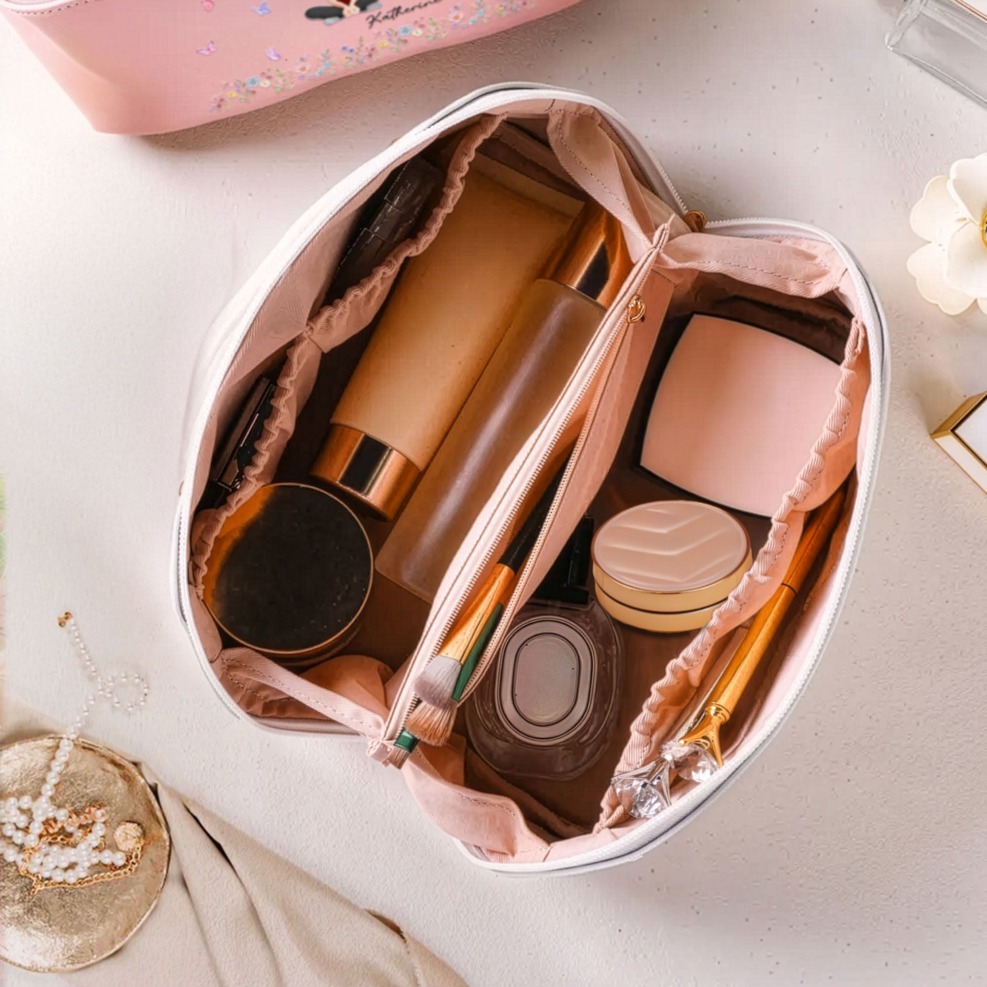 Initial Name Floral - Personalized Leather Makeup Bag
