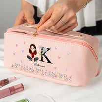 Initial Name Floral - Personalized Leather Makeup Bag