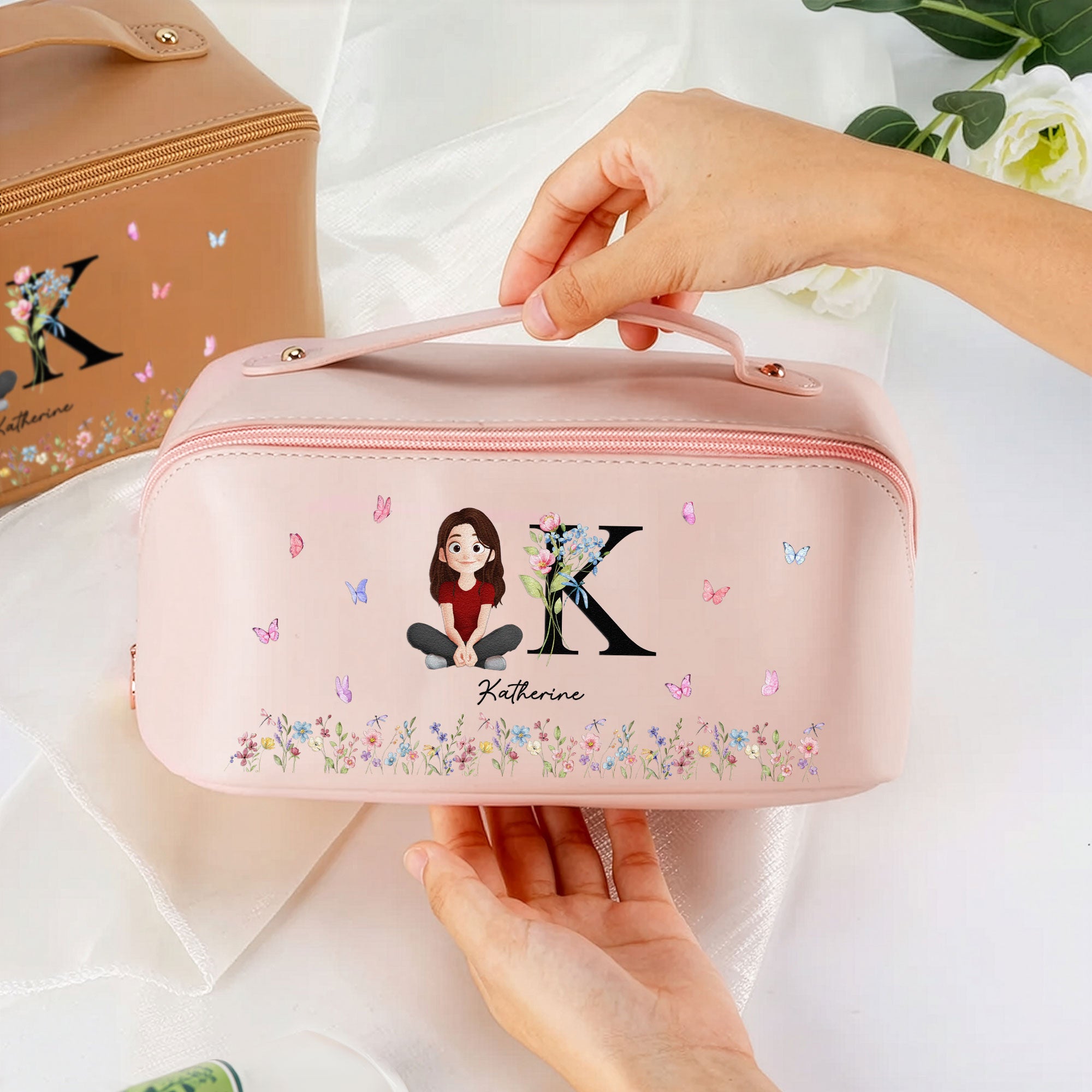 Initial Name Floral - Personalized Leather Makeup Bag