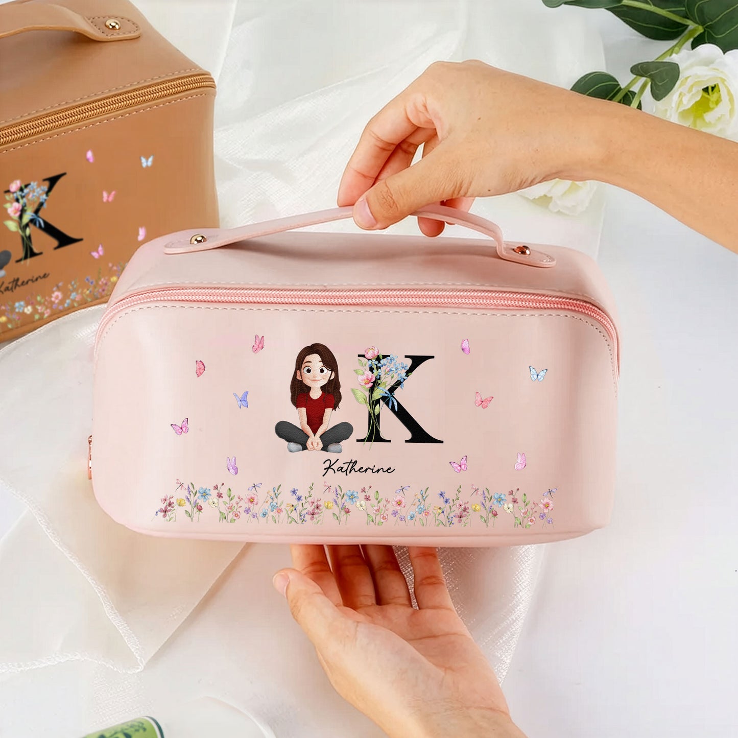 Initial Name Floral - Personalized Leather Makeup Bag