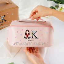 Initial Name Floral - Personalized Leather Makeup Bag