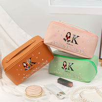 Initial Name Floral - Personalized Leather Makeup Bag