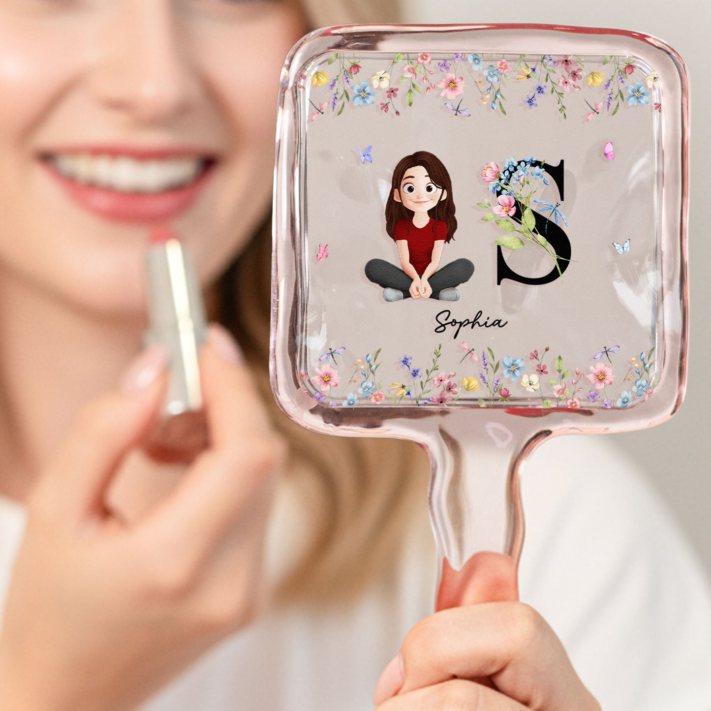Initial Name With Floral - Personalized Handheld Mirror