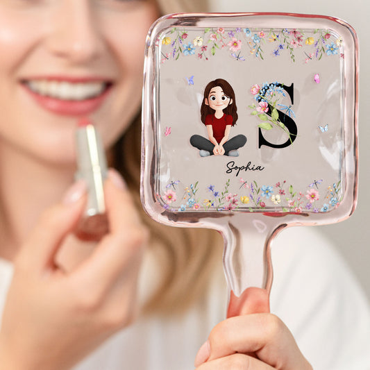 Initial Name With Floral - Personalized Handheld Mirror