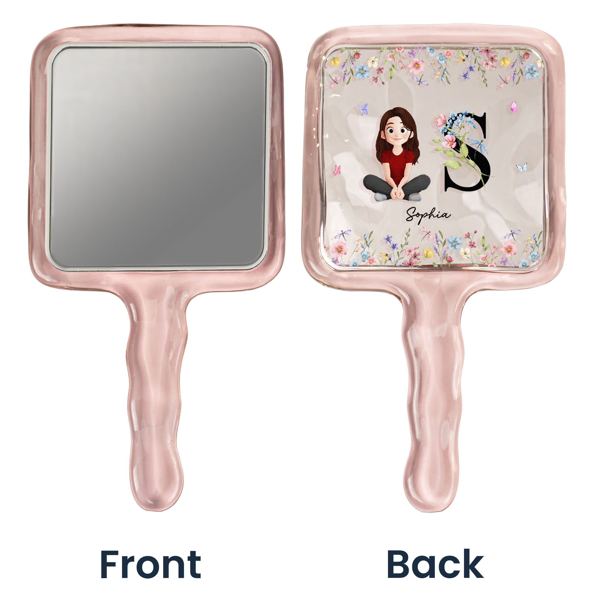 Initial Name With Floral - Personalized Handheld Mirror