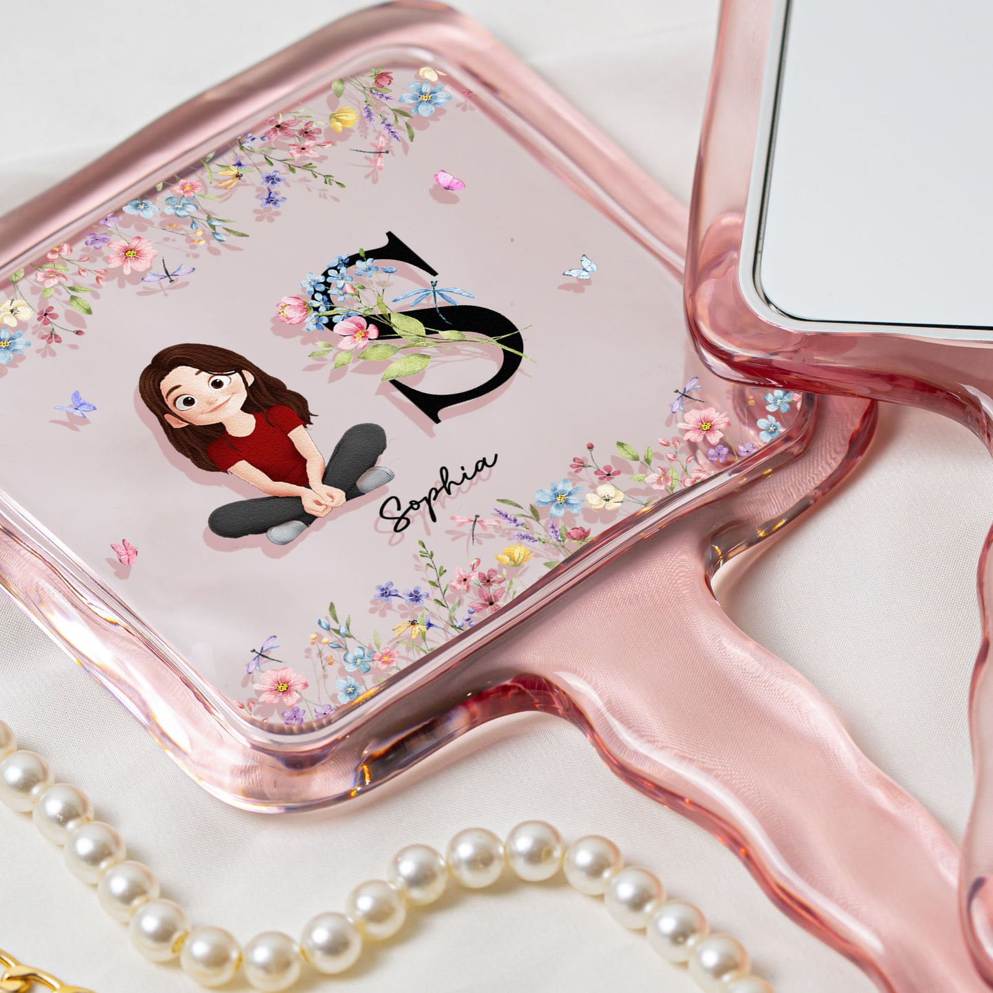 Initial Name With Floral - Personalized Handheld Mirror