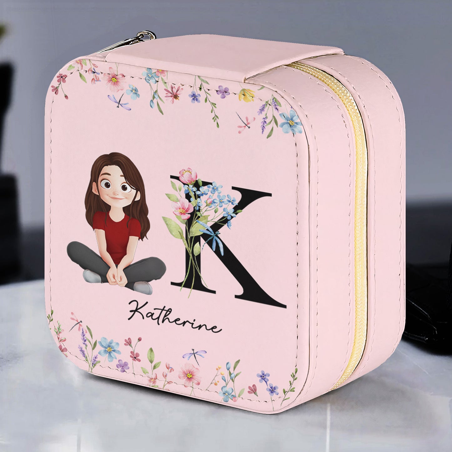 Initial Name With Floral - Personalized Jewelry Box