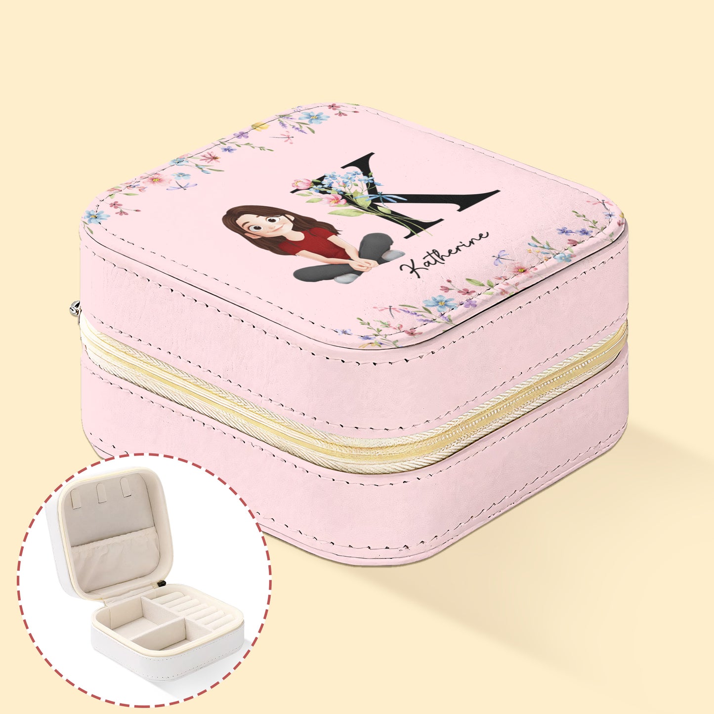 Initial Name With Floral - Personalized Jewelry Box