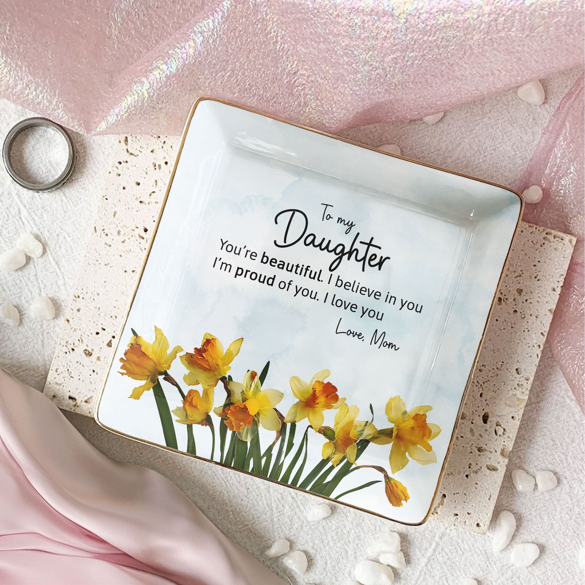 Inspirational Gift For Her Faux Pressed Birth Flower - Personalized Jewelry Dish