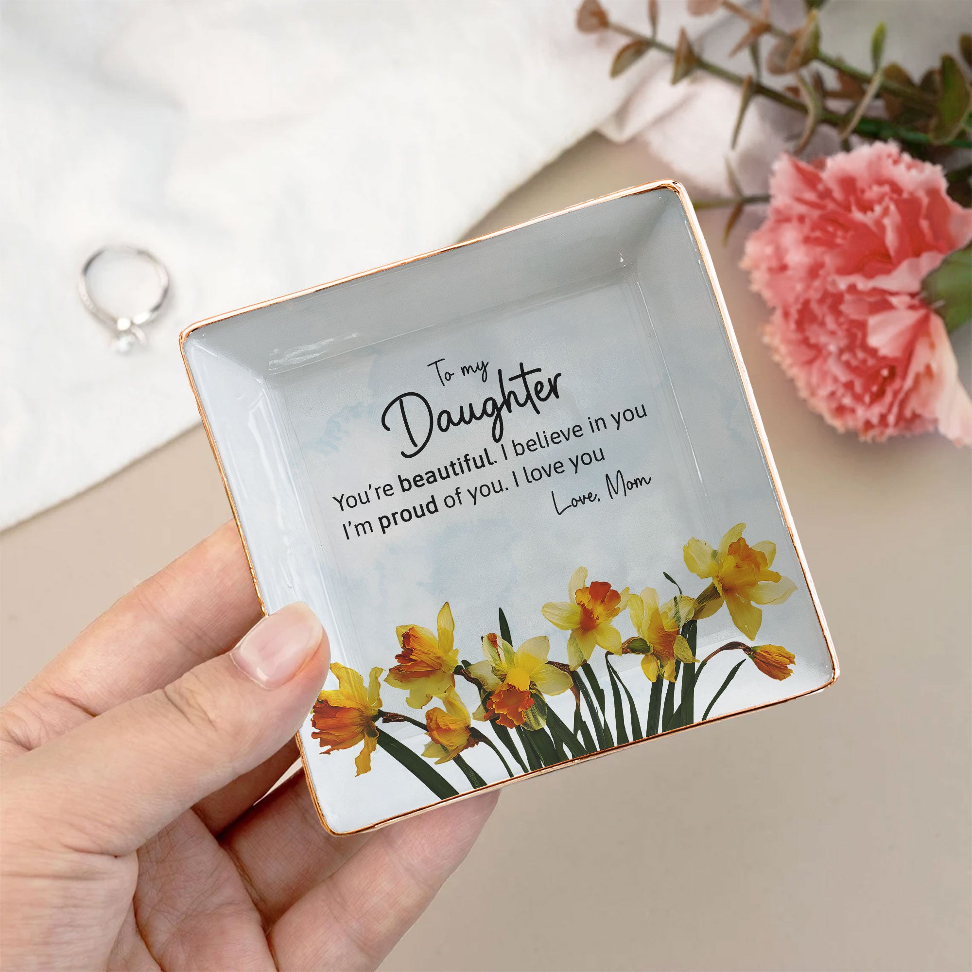 Inspirational Gift For Her Faux Pressed Birth Flower - Personalized Jewelry Dish
